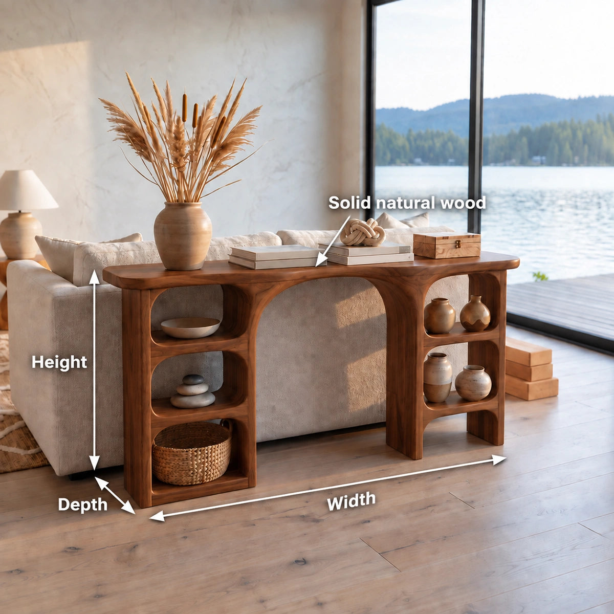 Console Table with Open Display Shelving in Natural Solid Wood Form - Rustiracraft