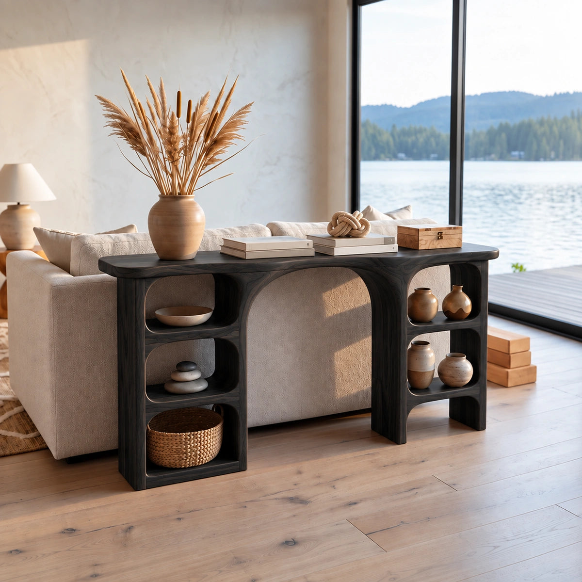 Console Table with Open Display Shelving in Natural Solid Wood Form - Rustiracraft