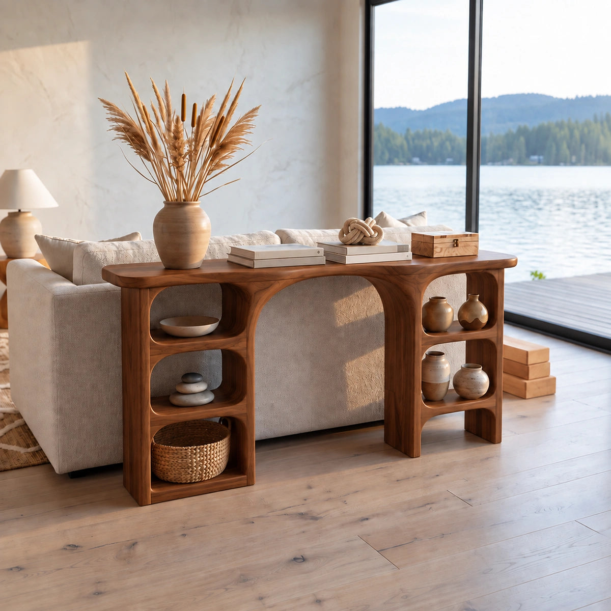 Console Table with Open Display Shelving in Natural Solid Wood Form - Rustiracraft