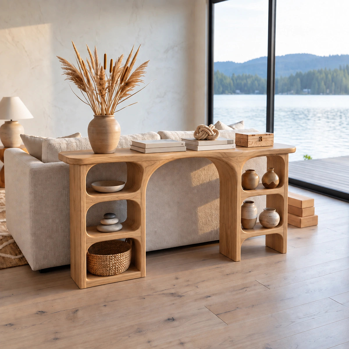 Console Table with Open Display Shelving in Natural Solid Wood Form - Rustiracraft