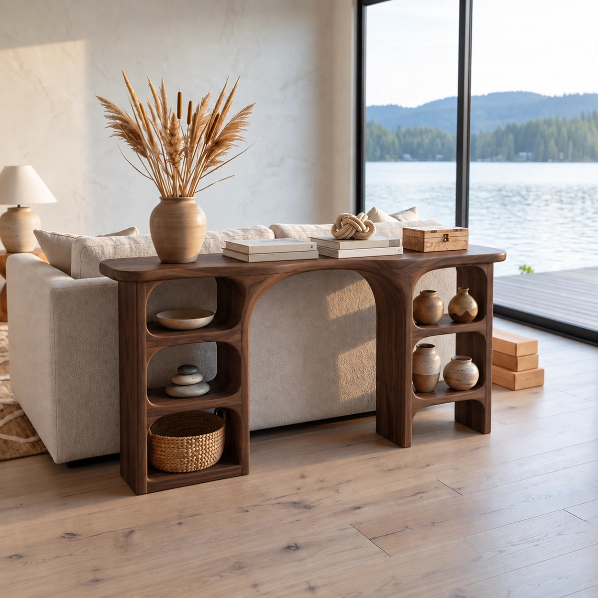 Console Table with Open Display Shelving in Natural Solid Wood Form - Rustiracraft