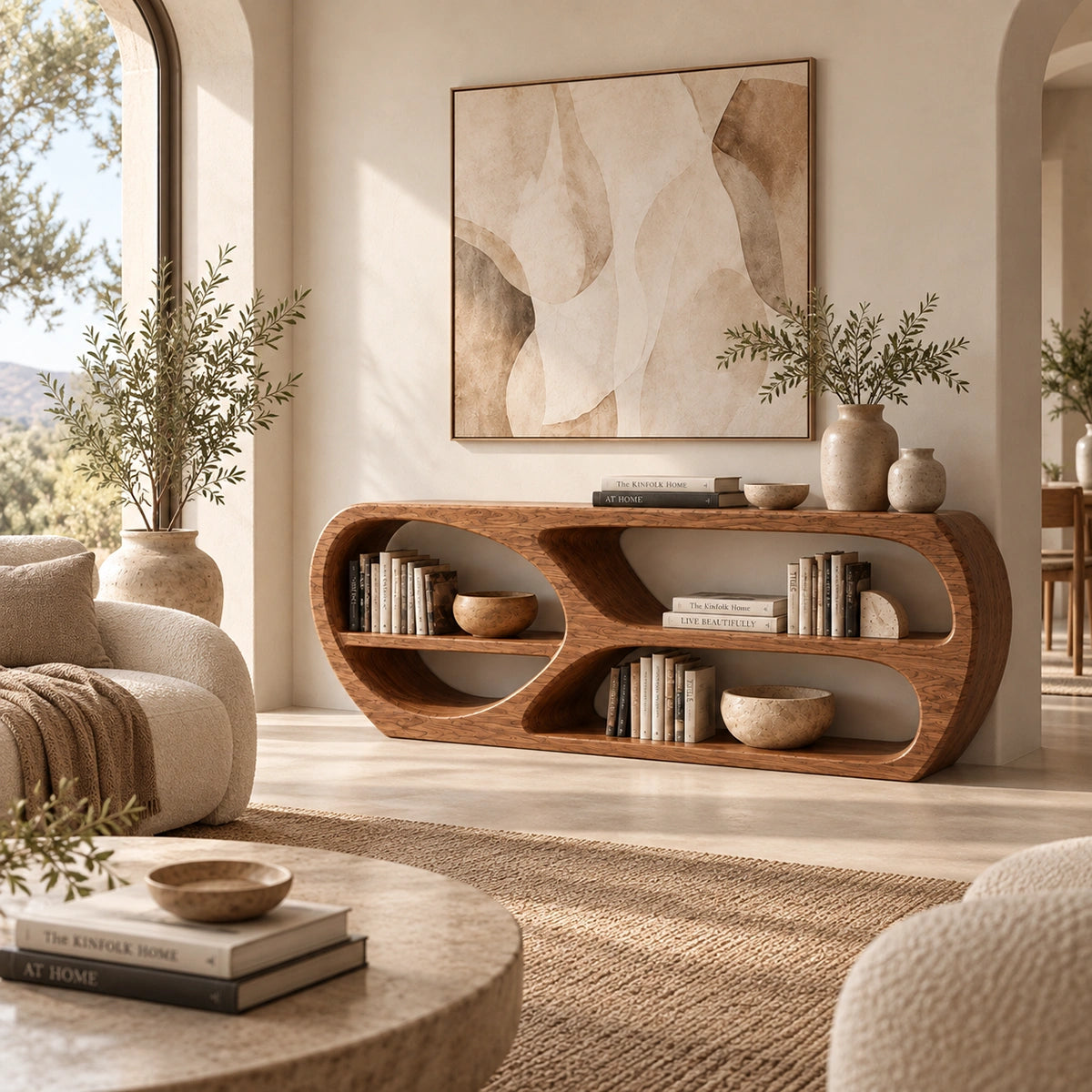 Console Table with Open Oval Display Niches in Natural Solid Wood - Rustiracraft
