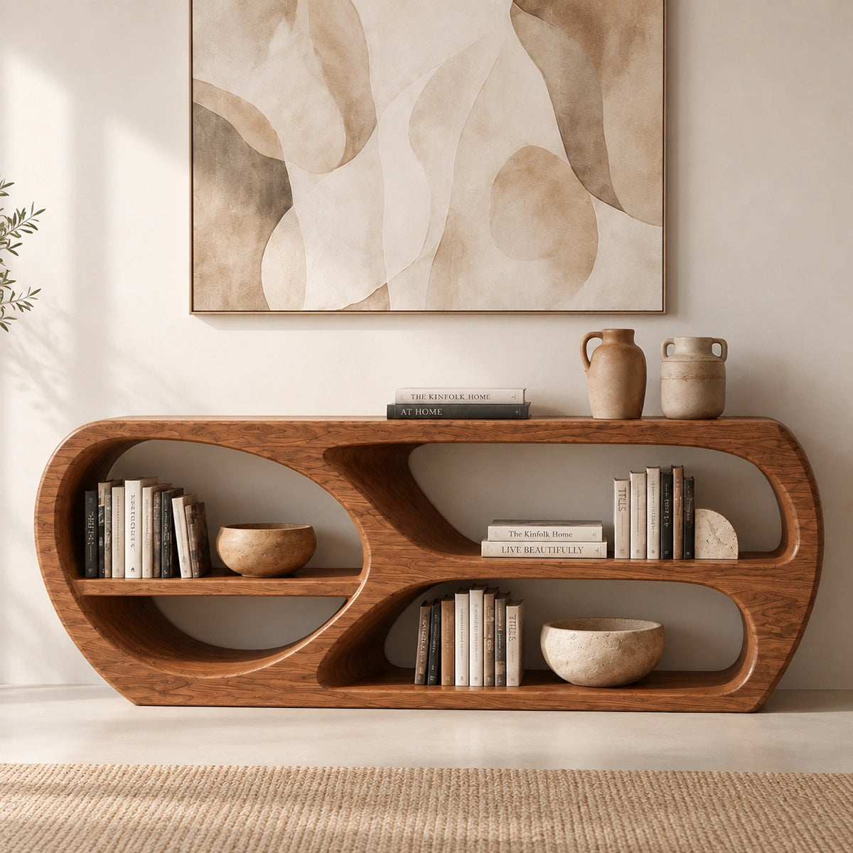Console Table with Open Oval Display Niches in Natural Solid Wood - Rustiracraft