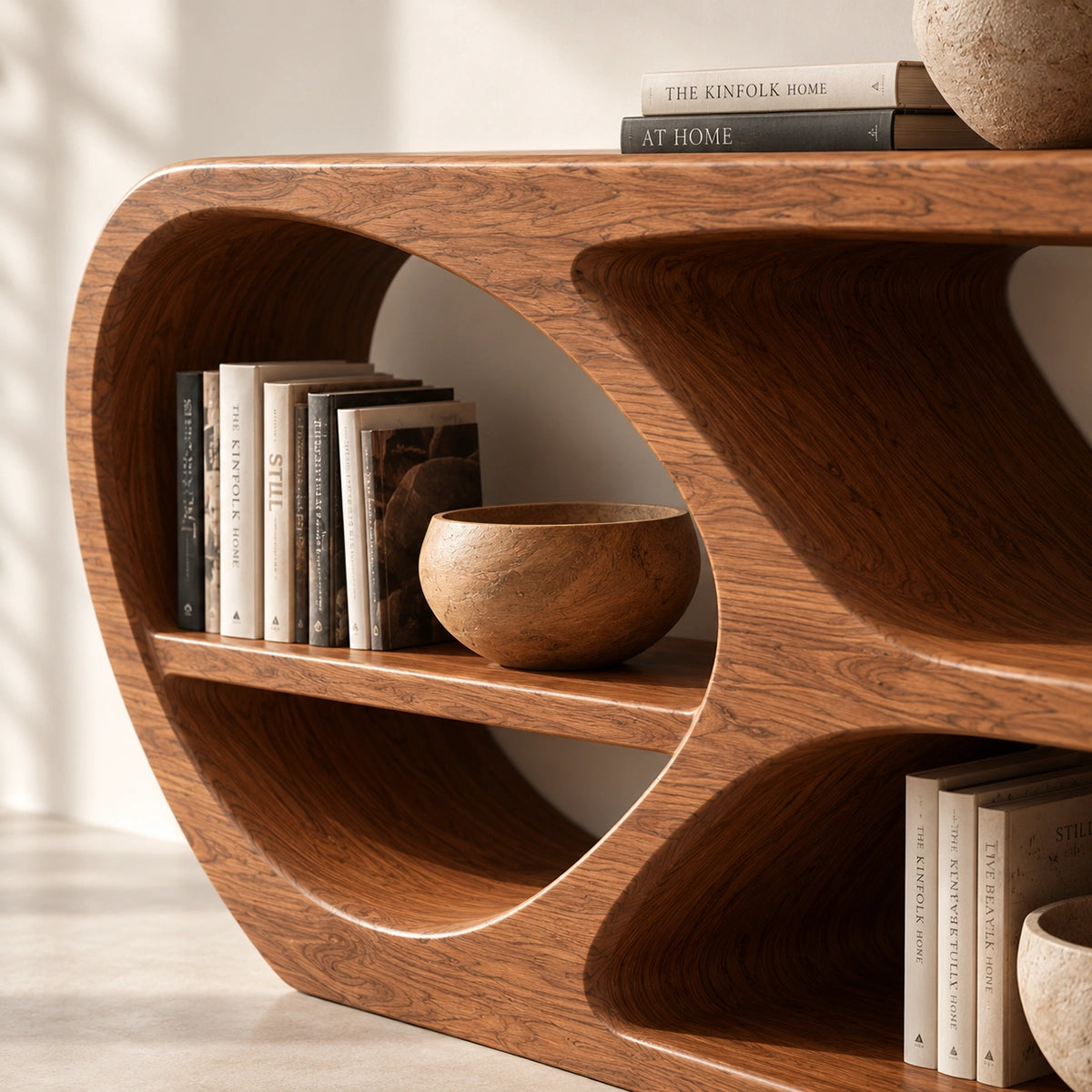 Console Table with Open Oval Display Niches in Natural Solid Wood - Rustiracraft