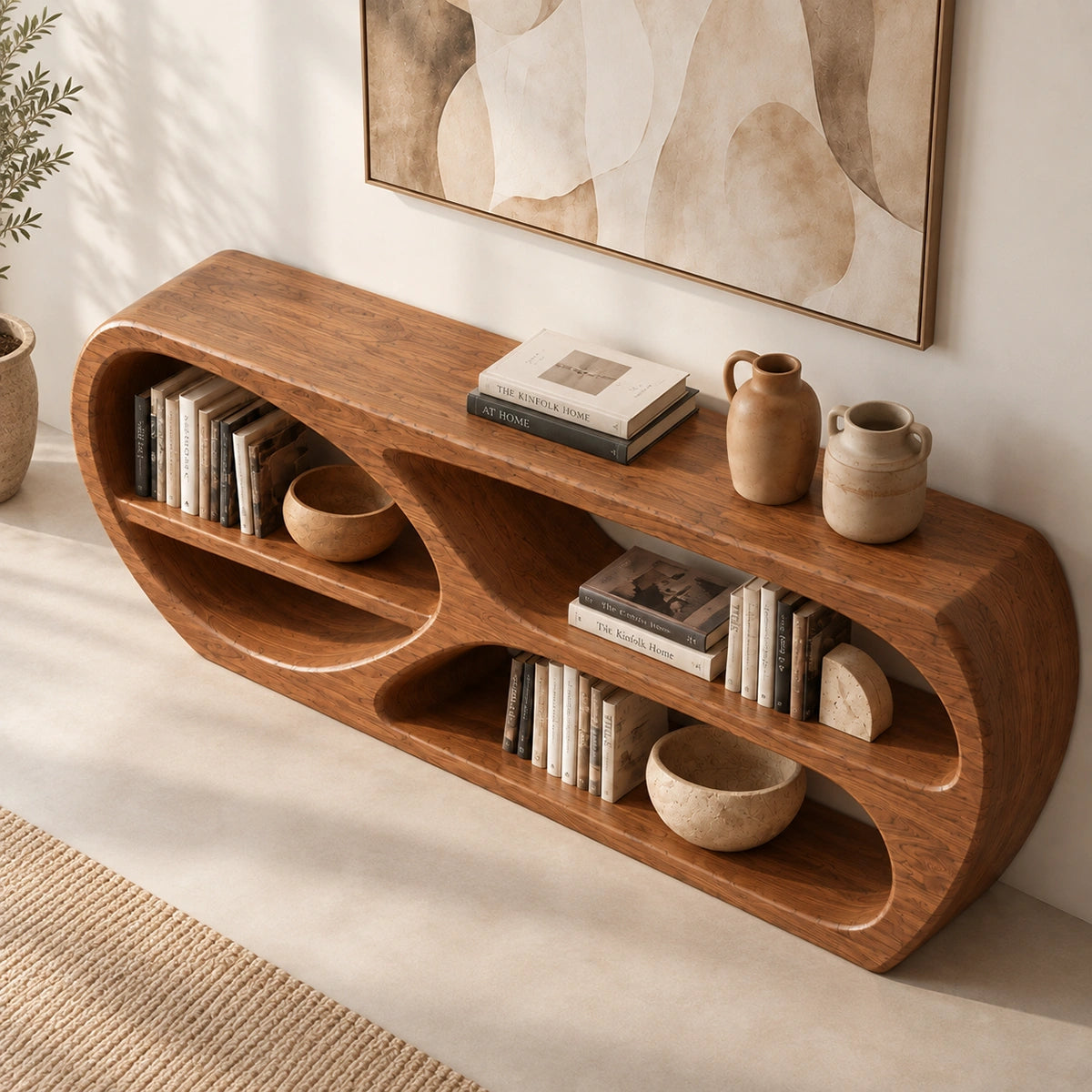 Console Table with Open Oval Display Niches in Natural Solid Wood - Rustiracraft