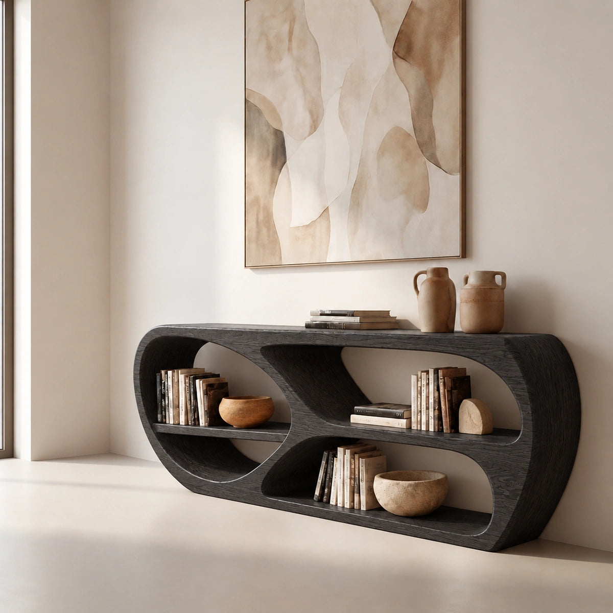 Console Table with Open Oval Display Niches in Natural Solid Wood - Rustiracraft