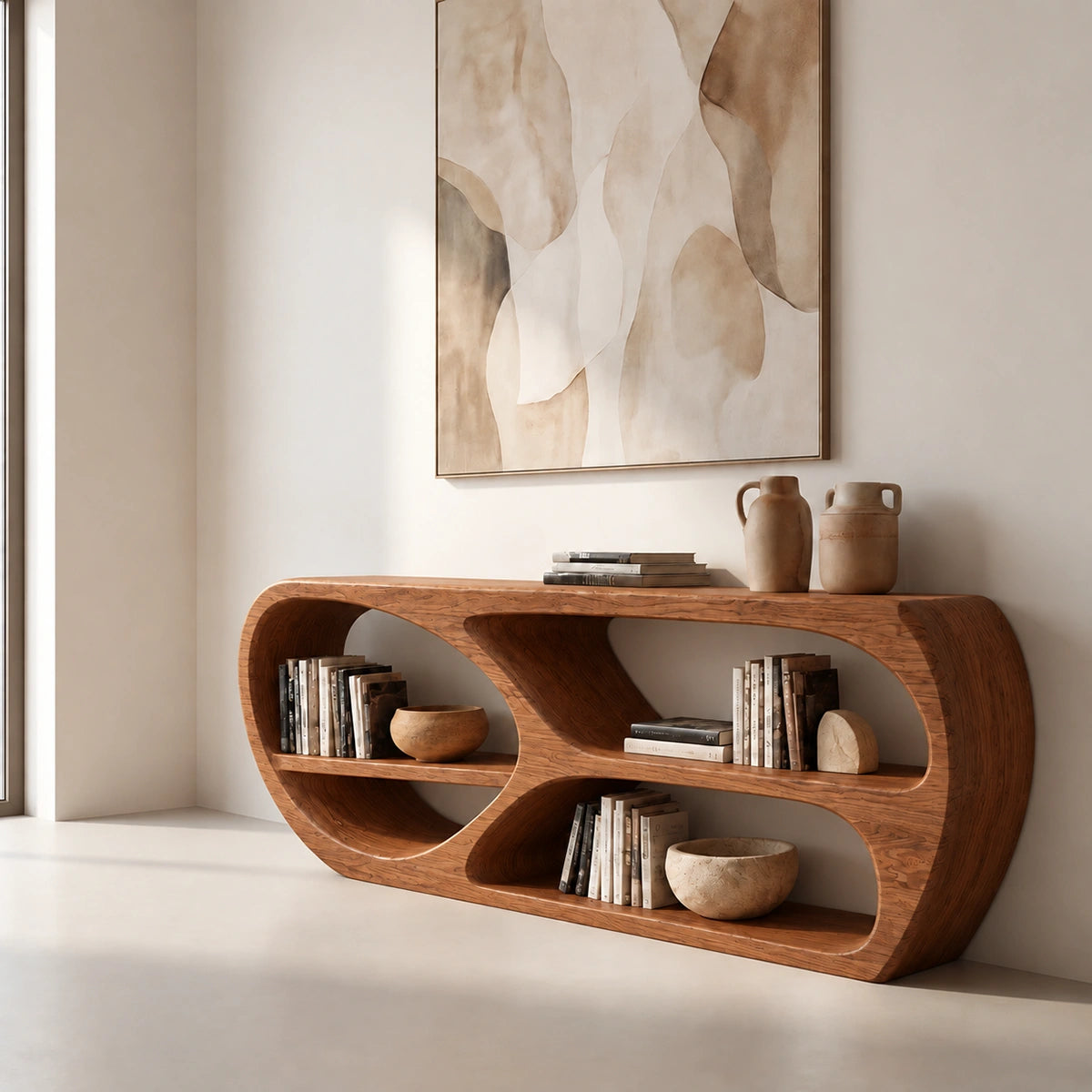 Console Table with Open Oval Display Niches in Natural Solid Wood - Rustiracraft