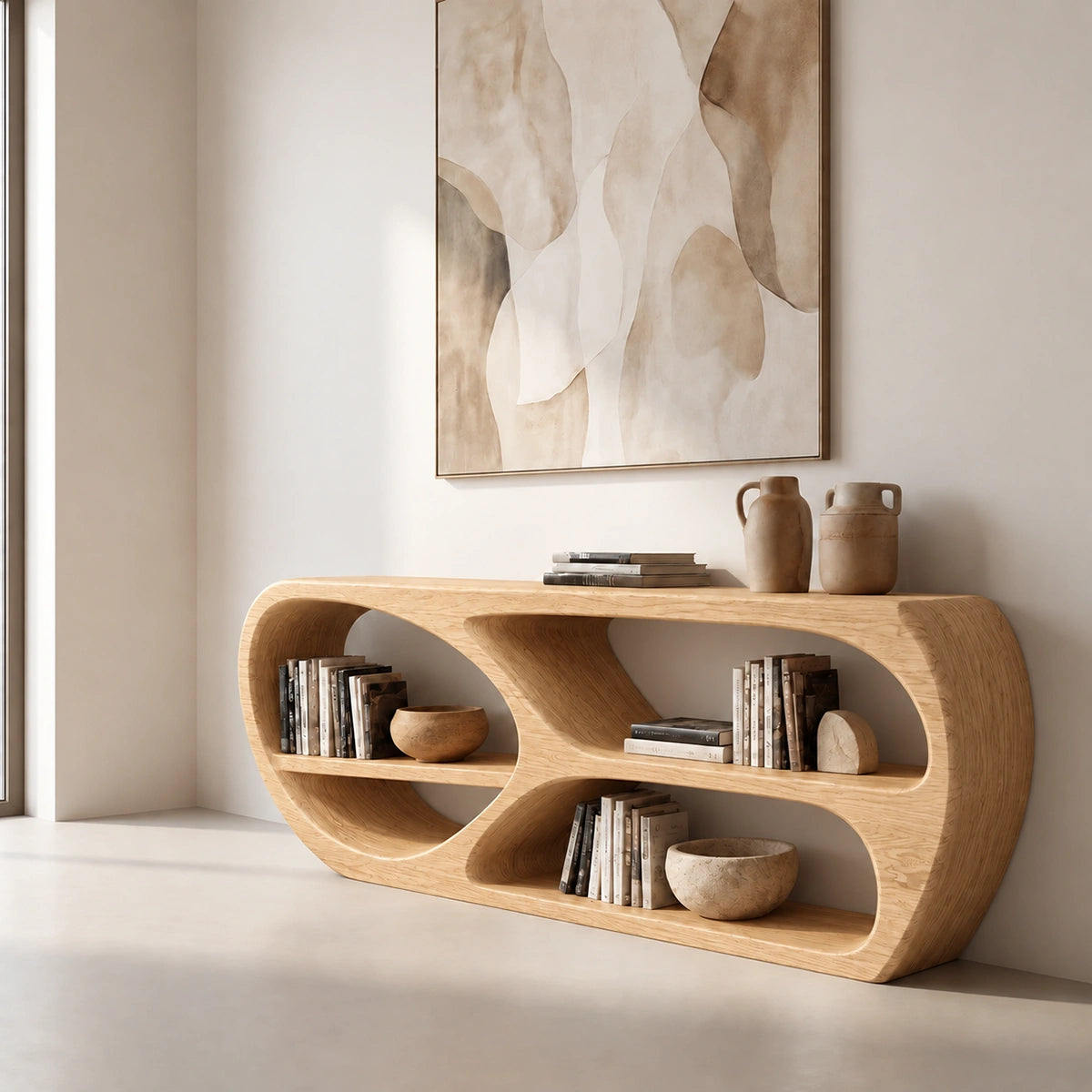 Console Table with Open Oval Display Niches in Natural Solid Wood - Rustiracraft