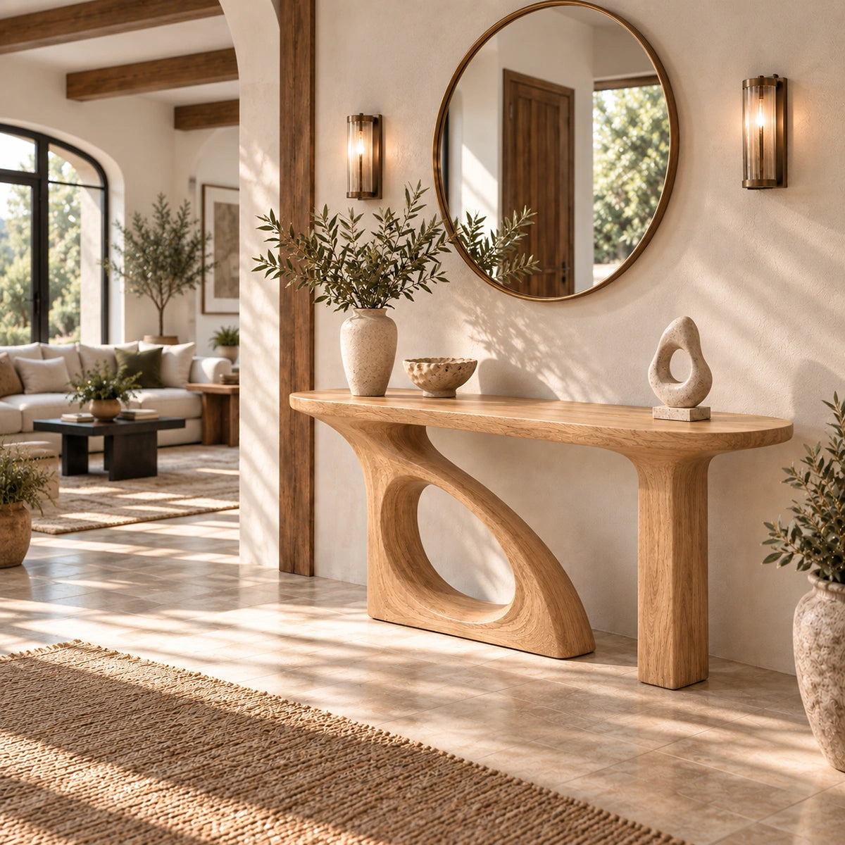 Console Table with Organic Cutout Base in Natural Solid Wood for Entryways - Rustiracraft