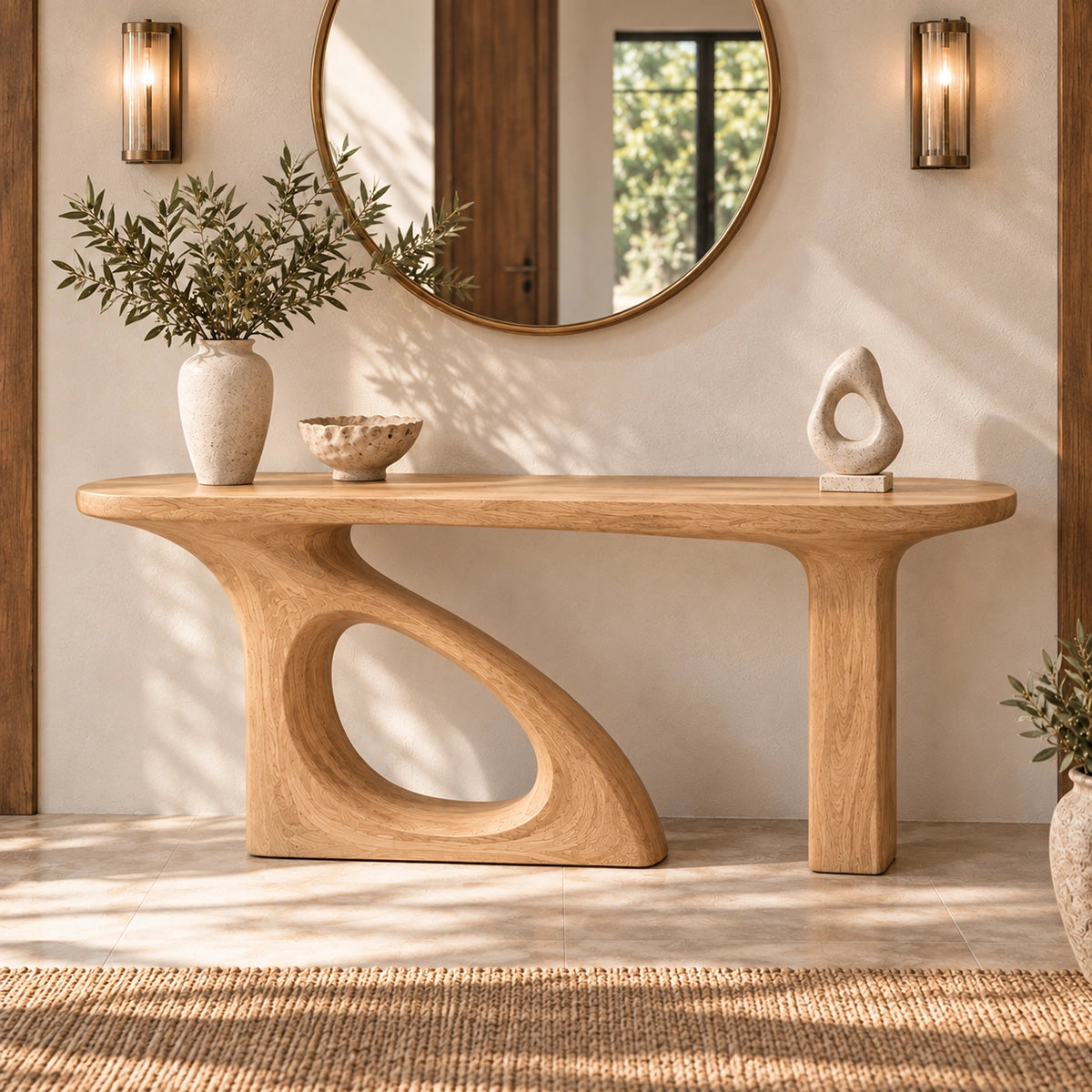 Console Table with Organic Cutout Base in Natural Solid Wood for Entryways - Rustiracraft