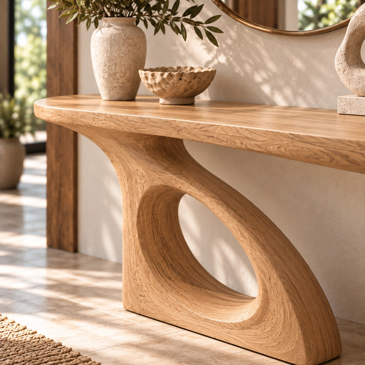 Console Table with Organic Cutout Base in Natural Solid Wood for Entryways - Rustiracraft