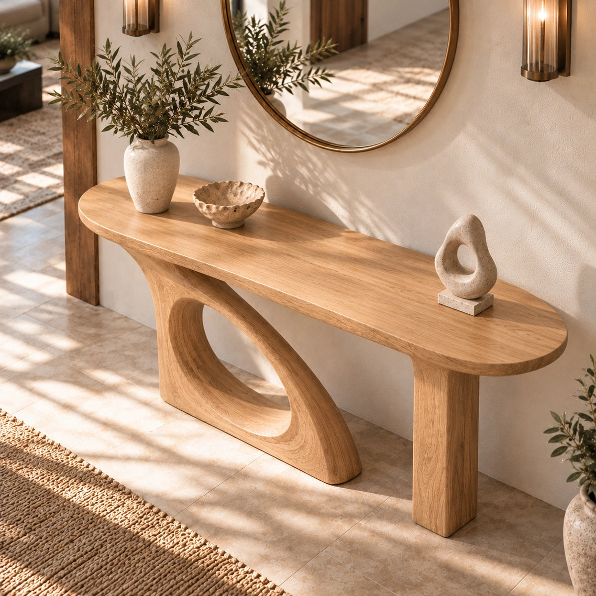 Console Table with Organic Cutout Base in Natural Solid Wood for Entryways - Rustiracraft