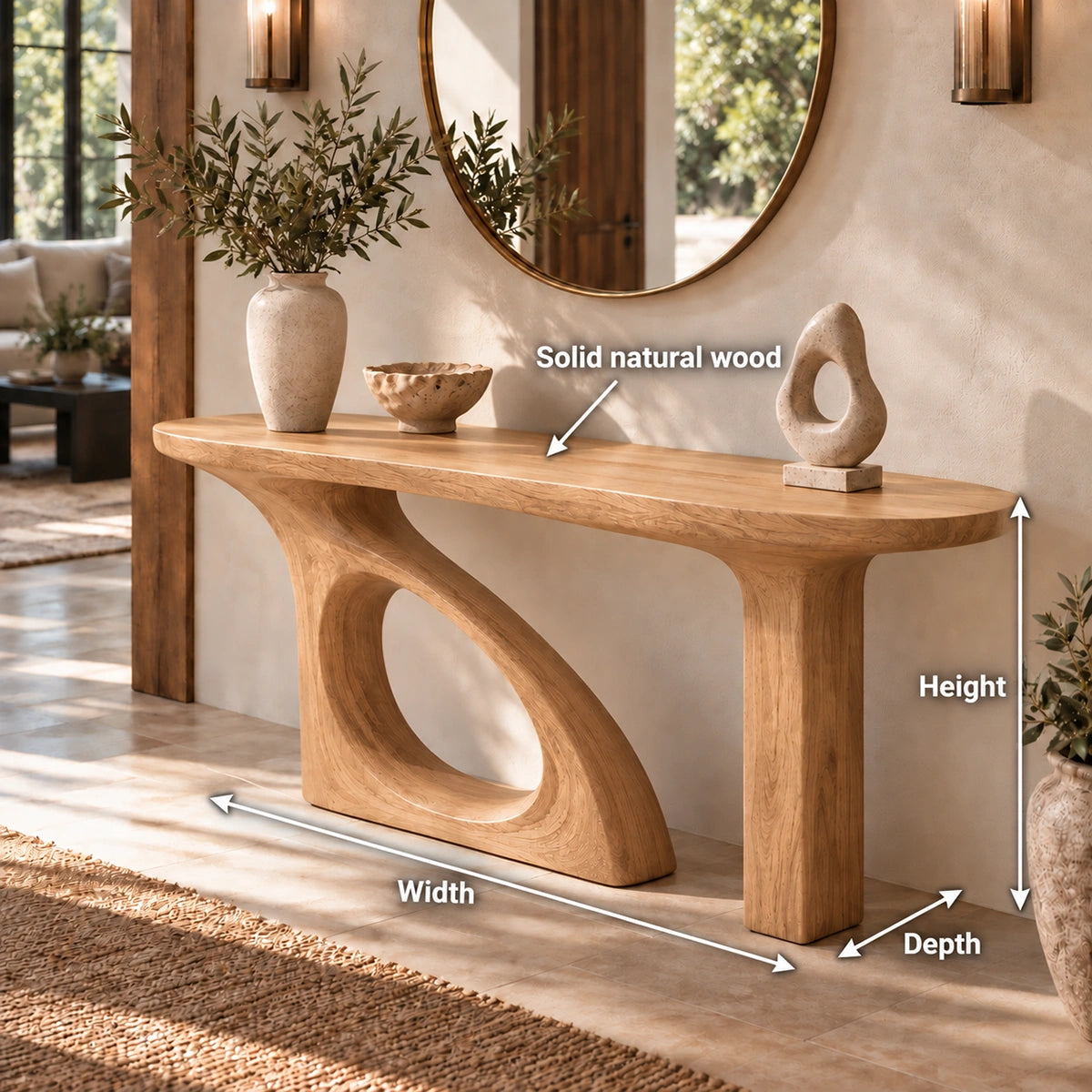 Console Table with Organic Cutout Base in Natural Solid Wood for Entryways - Rustiracraft