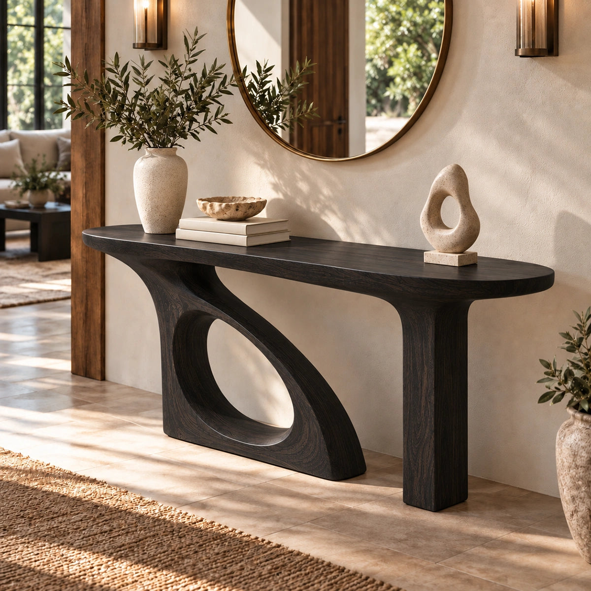 Console Table with Organic Cutout Base in Natural Solid Wood for Entryways - Rustiracraft