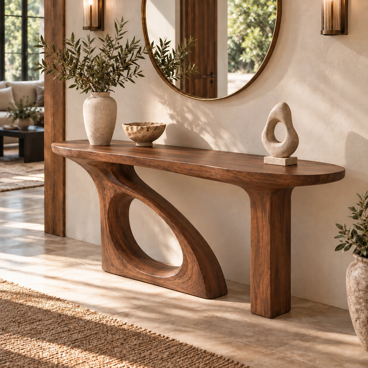 Console Table with Organic Cutout Base in Natural Solid Wood for Entryways - Rustiracraft