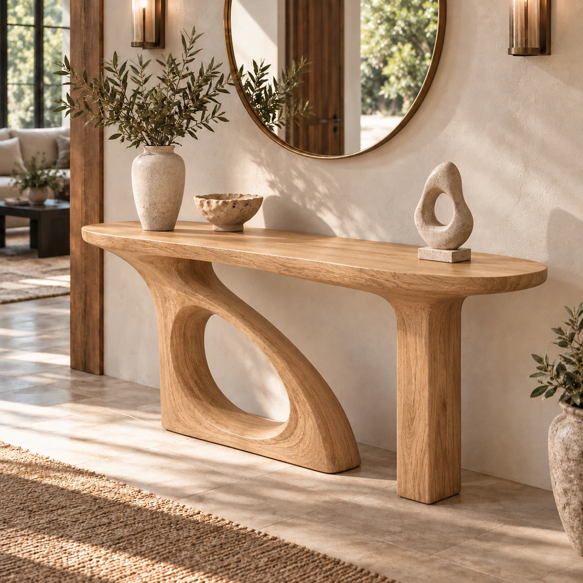 Console Table with Organic Cutout Base in Natural Solid Wood for Entryways - Rustiracraft