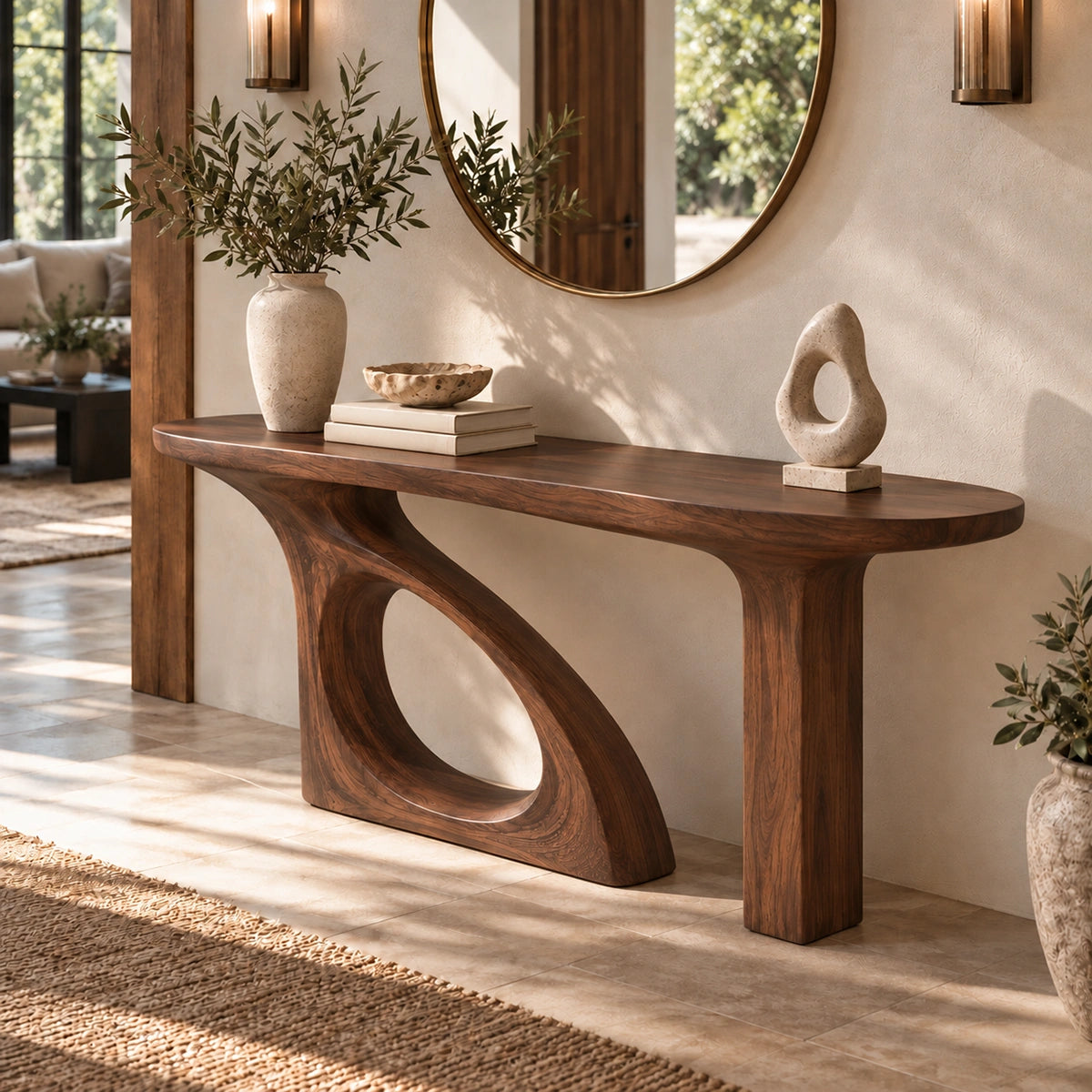 Console Table with Organic Cutout Base in Natural Solid Wood for Entryways - Rustiracraft