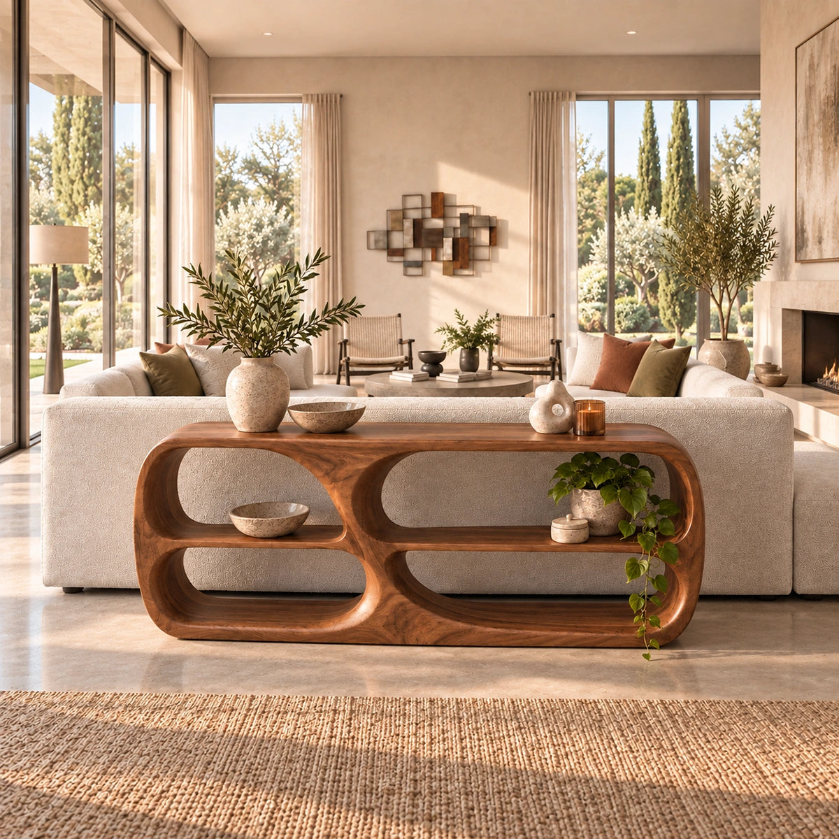 Console Table with Rounded Display Niches in Natural Solid Wood Form - Rustiracraft