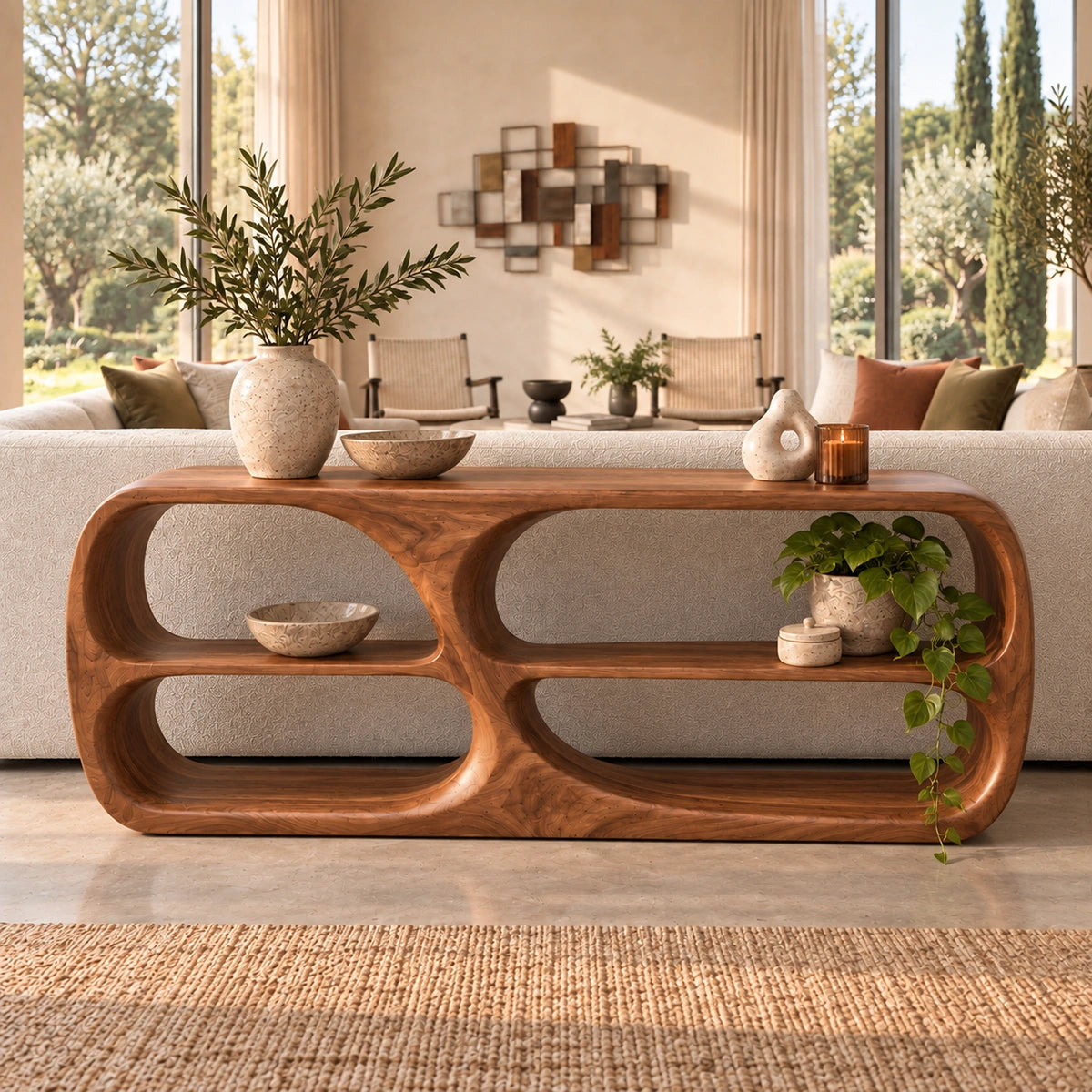 Console Table with Rounded Display Niches in Natural Solid Wood Form - Rustiracraft