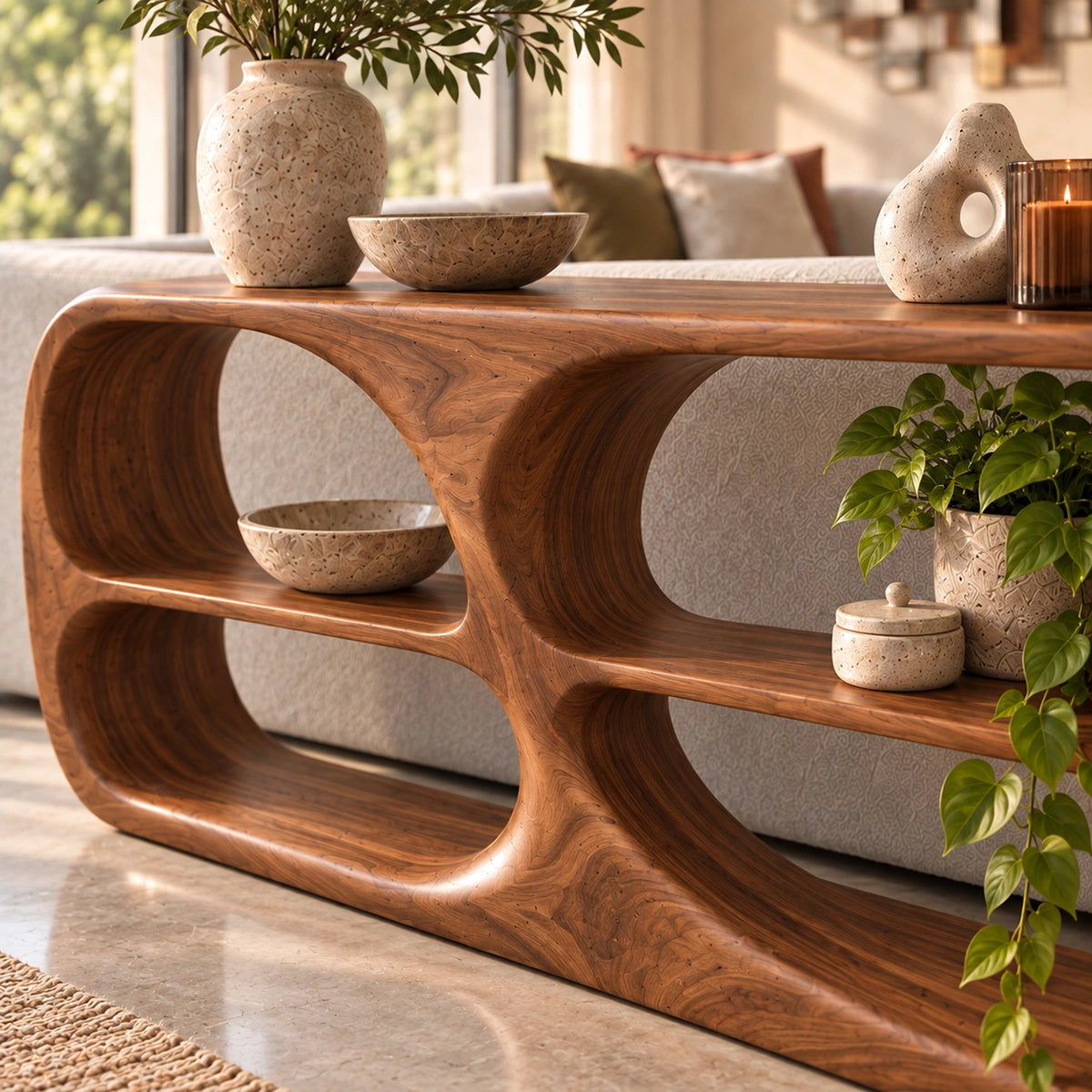 Console Table with Rounded Display Niches in Natural Solid Wood Form - Rustiracraft