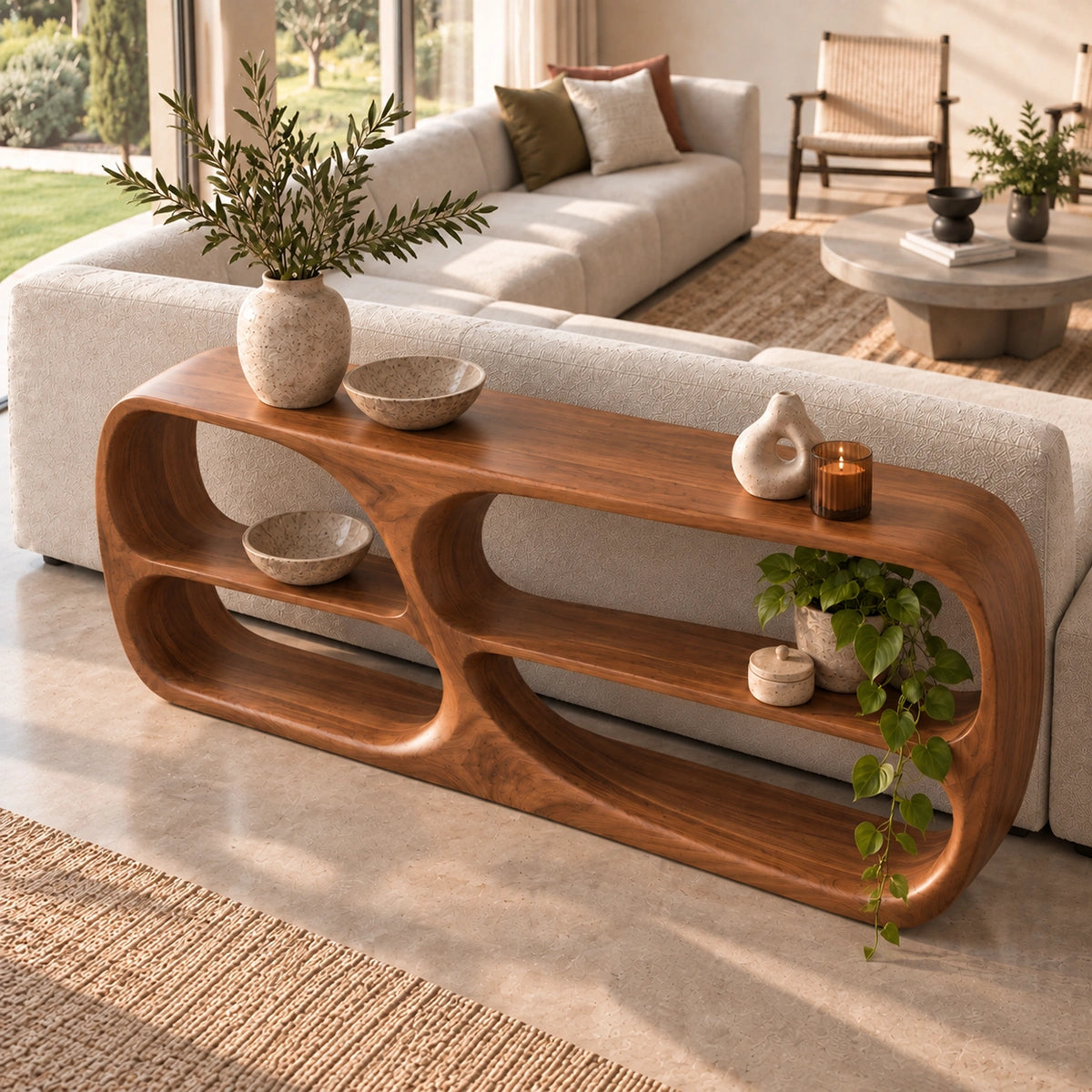 Console Table with Rounded Display Niches in Natural Solid Wood Form - Rustiracraft