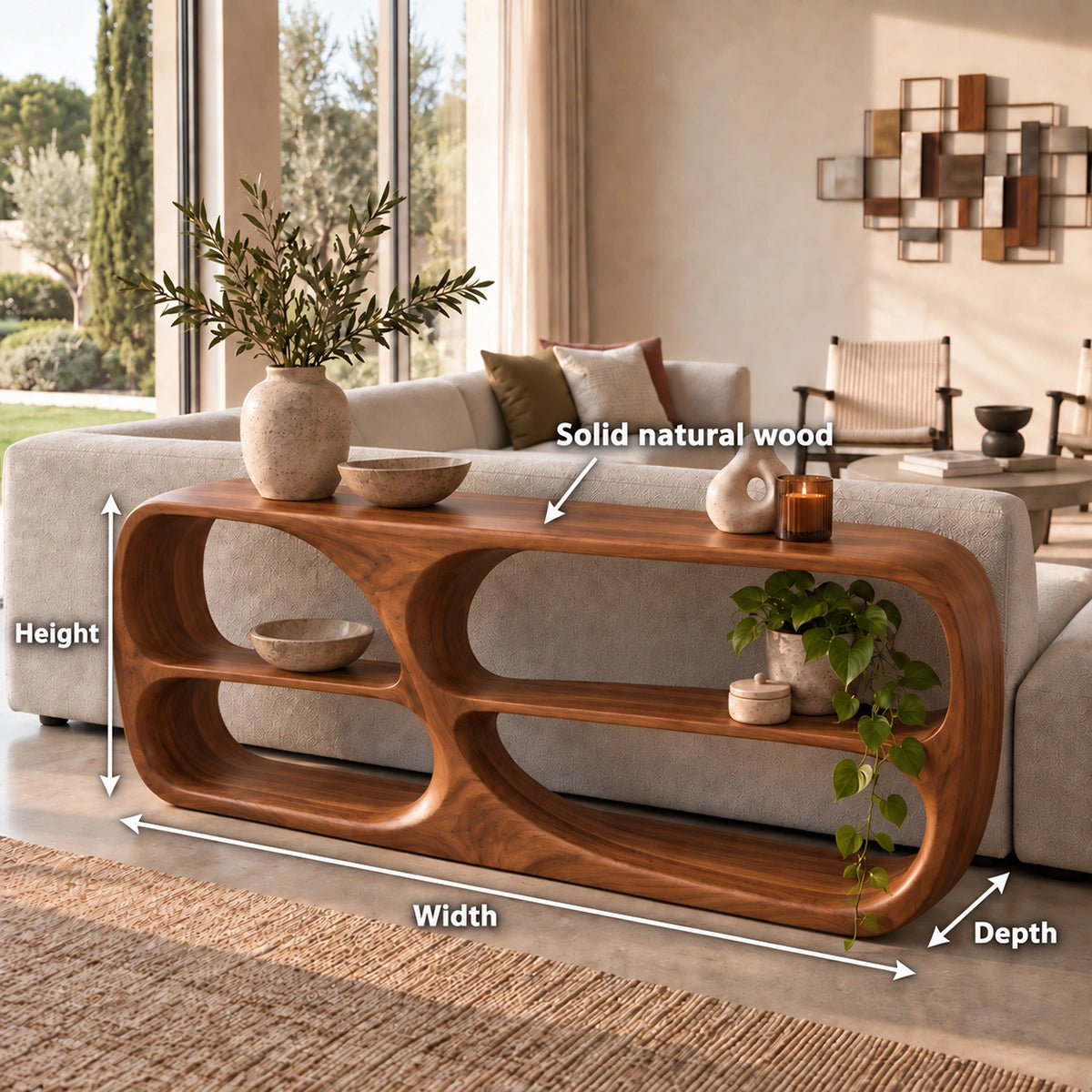 Console Table with Rounded Display Niches in Natural Solid Wood Form - Rustiracraft