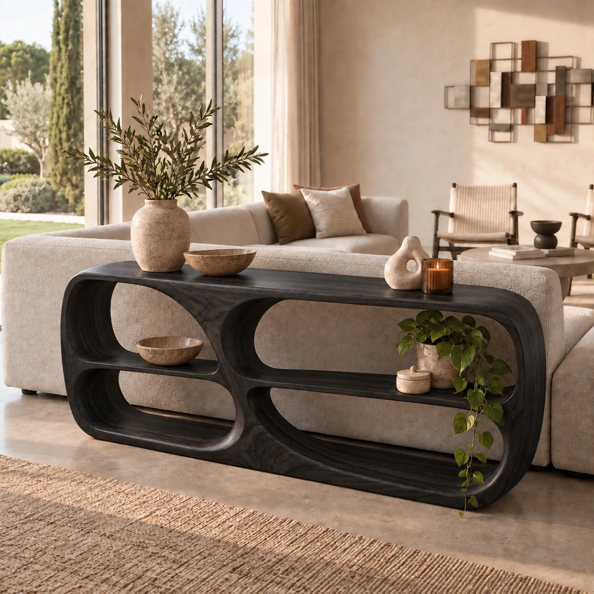Console Table with Rounded Display Niches in Natural Solid Wood Form - Rustiracraft