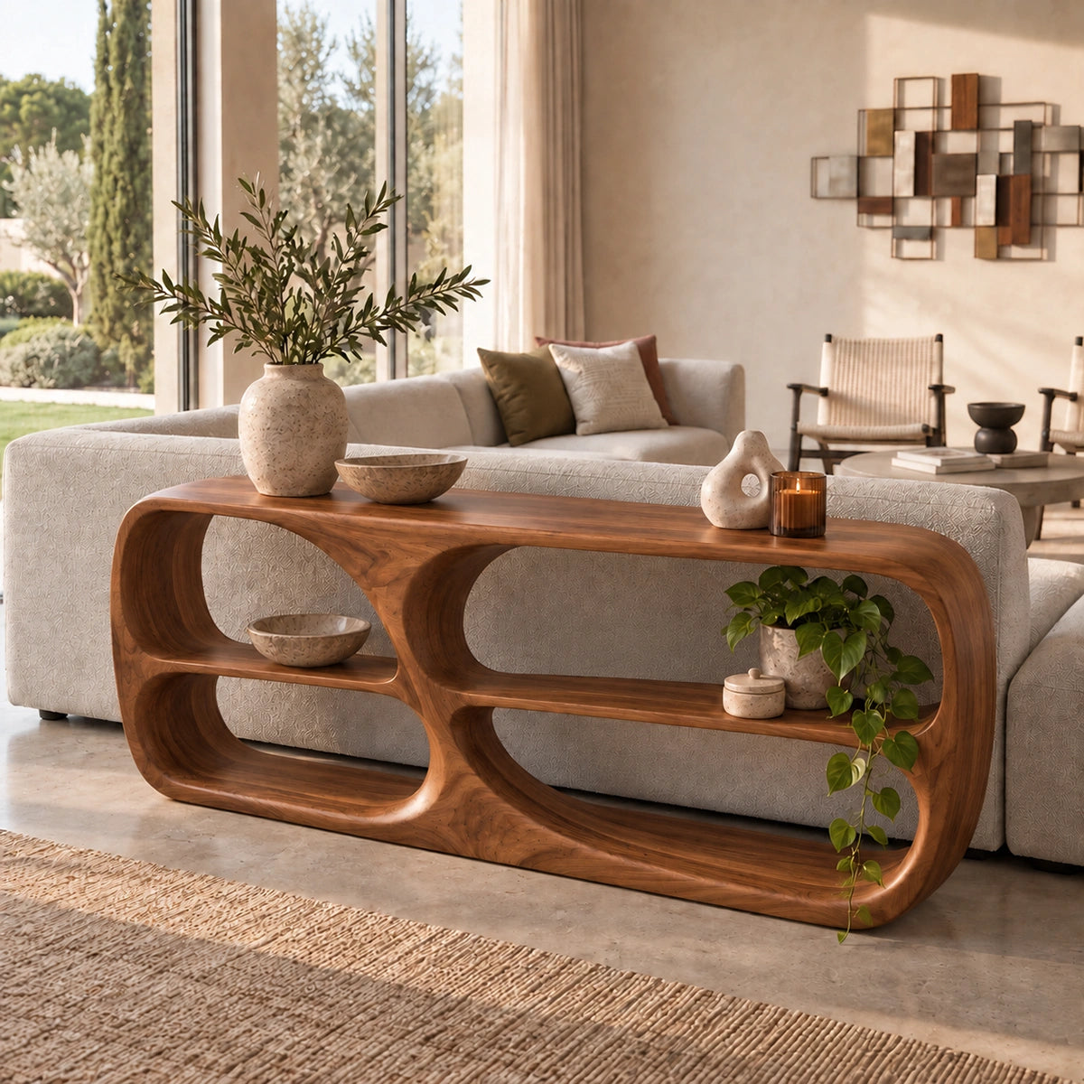 Console Table with Rounded Display Niches in Natural Solid Wood Form - Rustiracraft