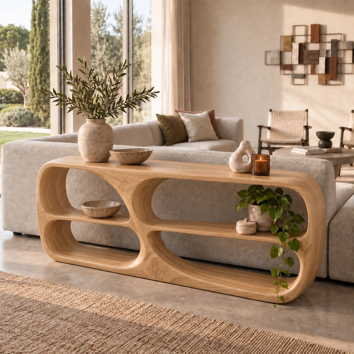 Console Table with Rounded Display Niches in Natural Solid Wood Form - Rustiracraft