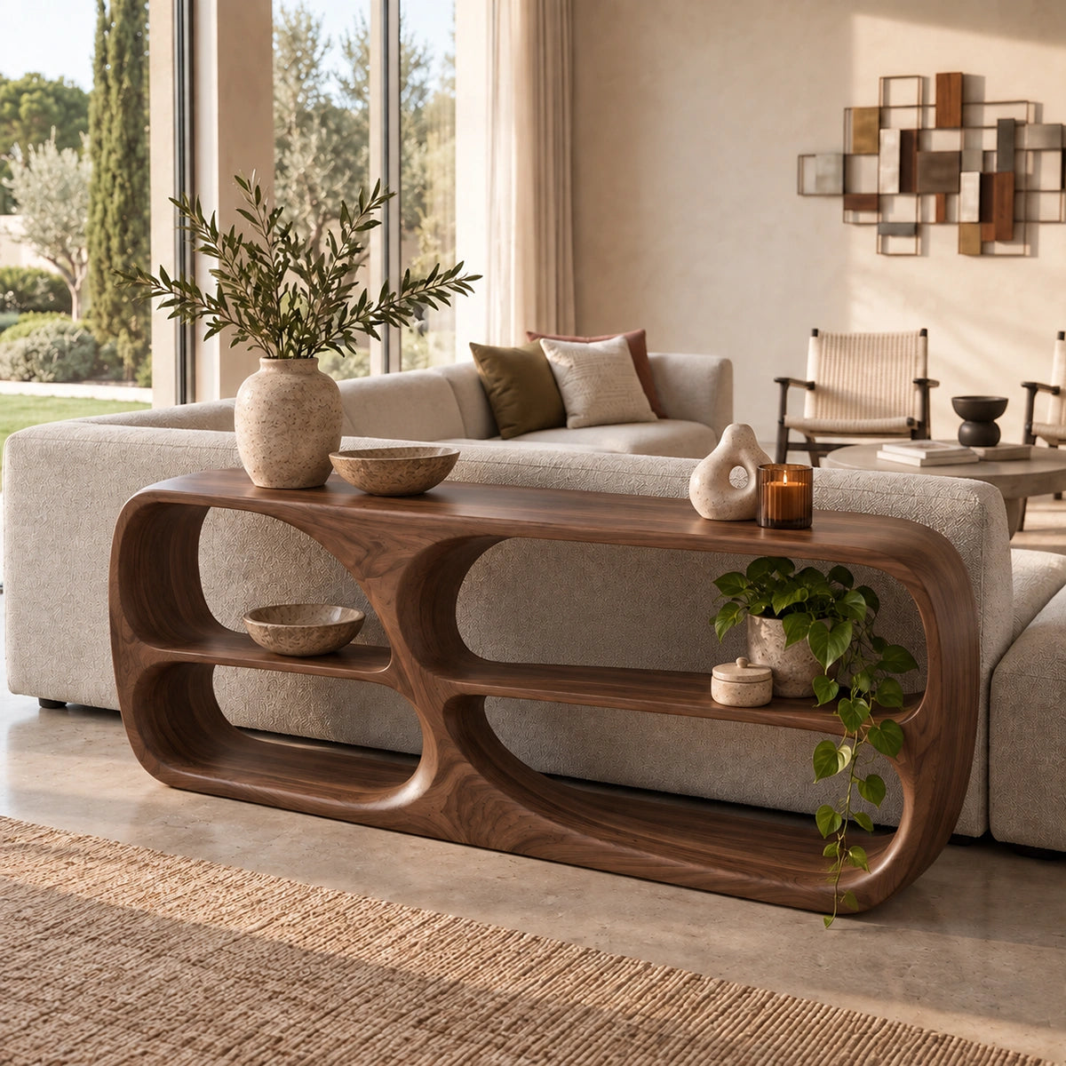Console Table with Rounded Display Niches in Natural Solid Wood Form - Rustiracraft