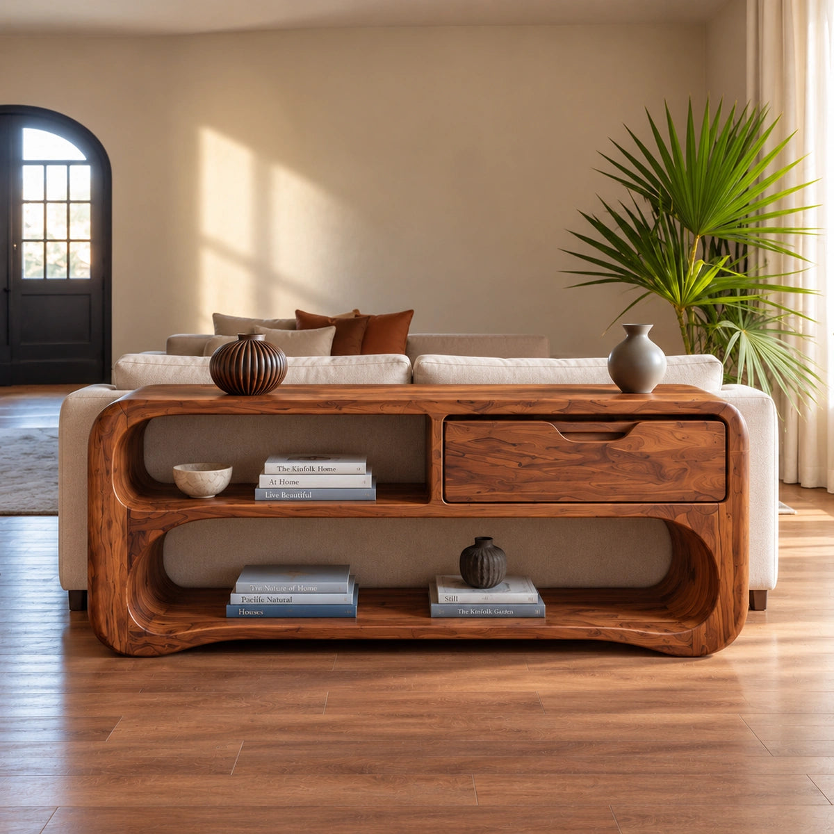 Console Table with Rounded Display Shelves and Single Drawer Storage - Rustiracraft