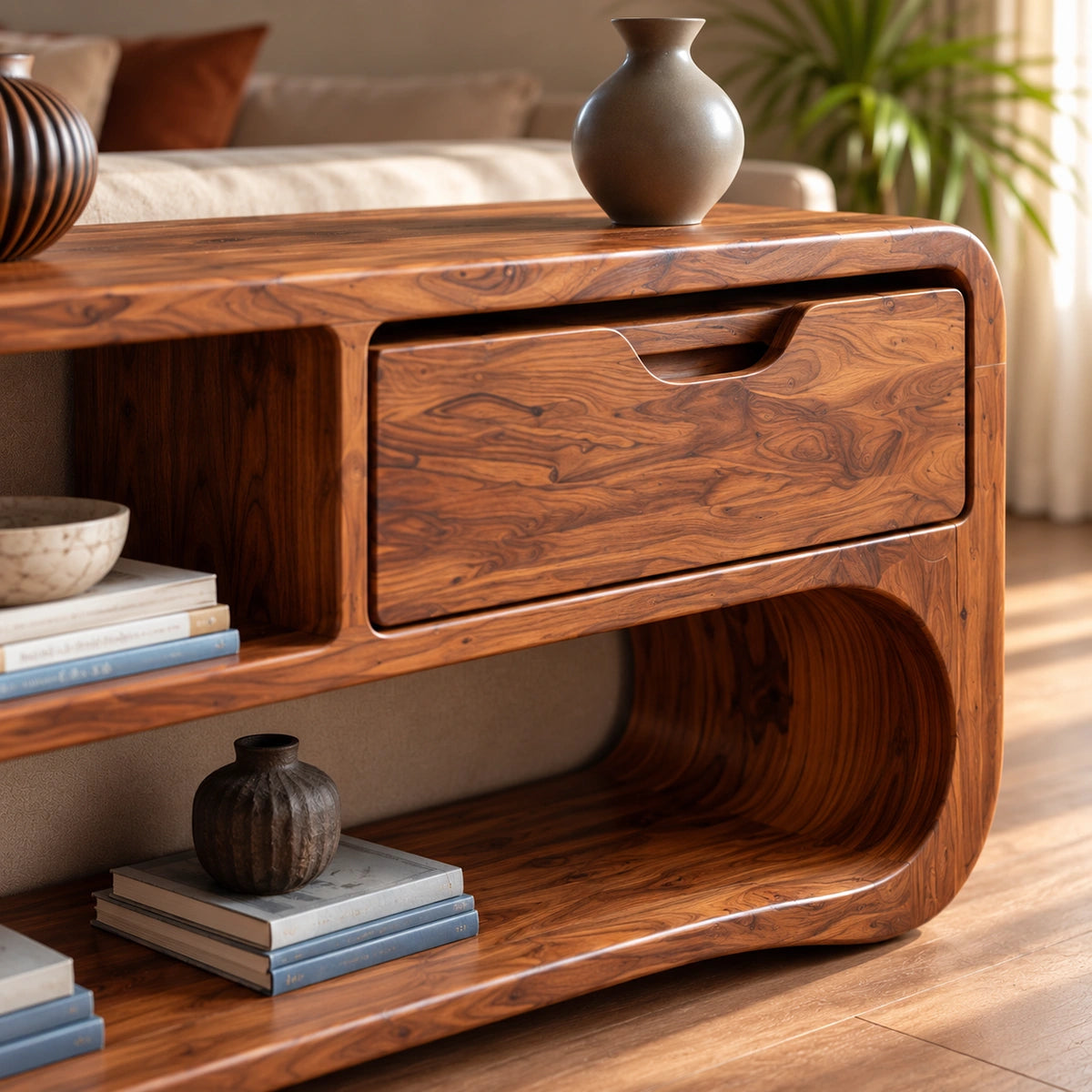 Console Table with Rounded Display Shelves and Single Drawer Storage - Rustiracraft