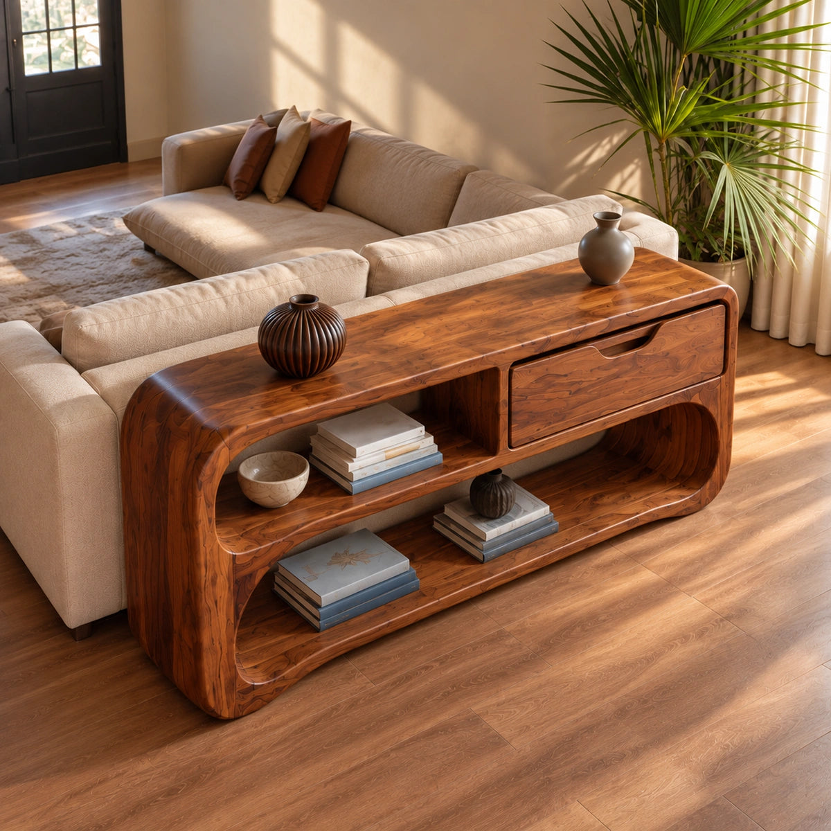 Console Table with Rounded Display Shelves and Single Drawer Storage - Rustiracraft