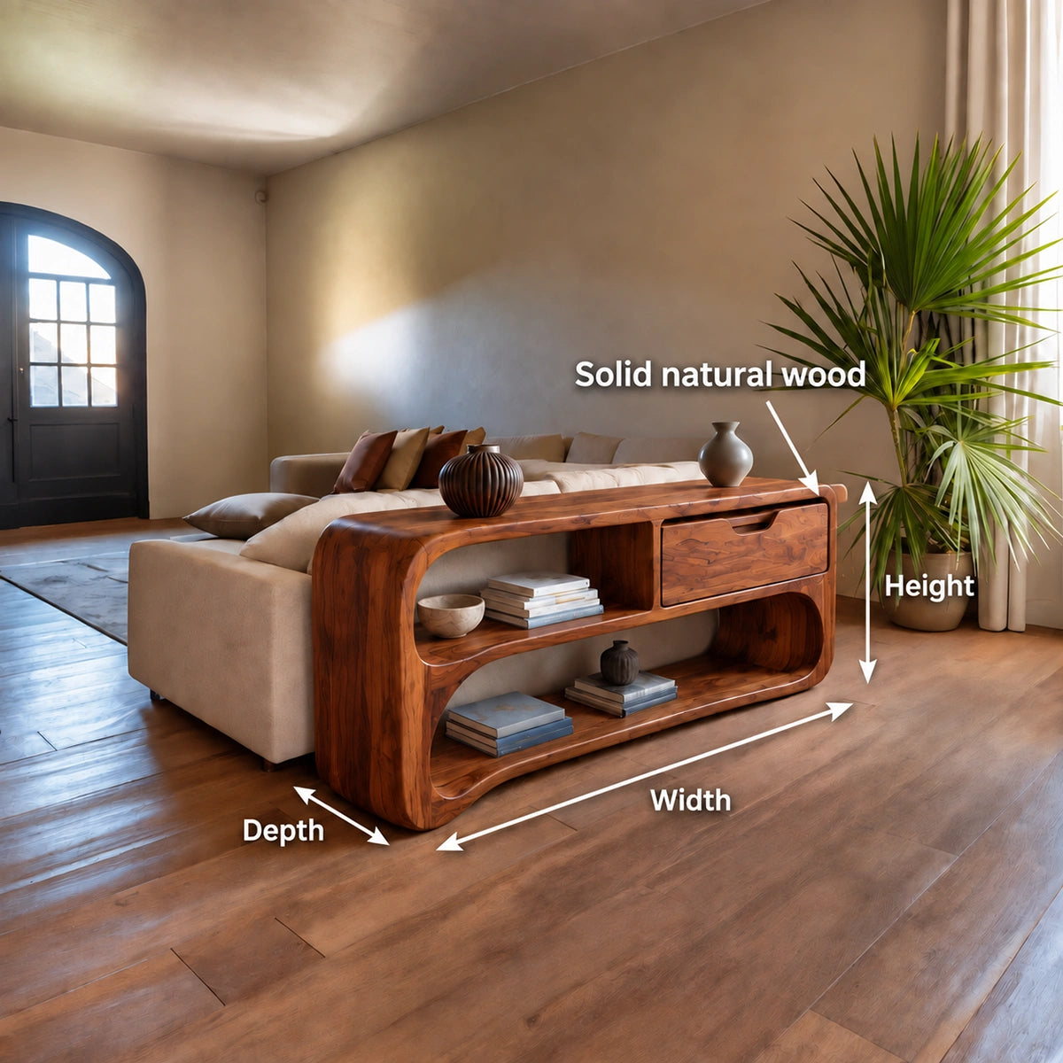 Console Table with Rounded Display Shelves and Single Drawer Storage - Rustiracraft