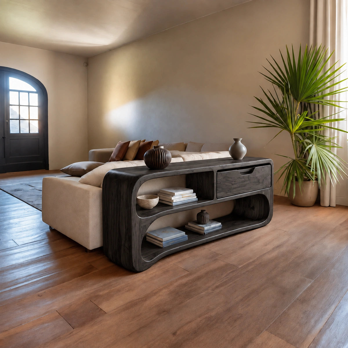 Console Table with Rounded Display Shelves and Single Drawer Storage - Rustiracraft