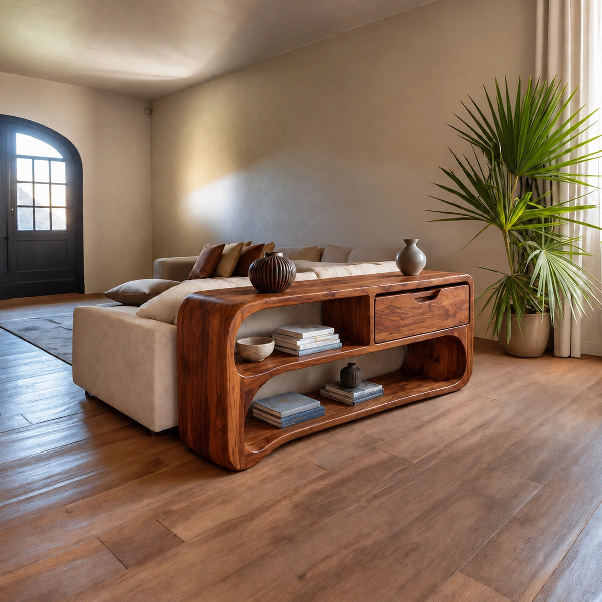 Console Table with Rounded Display Shelves and Single Drawer Storage - Rustiracraft