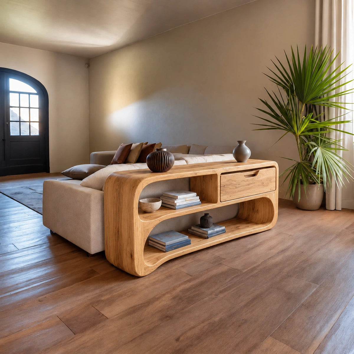 Console Table with Rounded Display Shelves and Single Drawer Storage - Rustiracraft