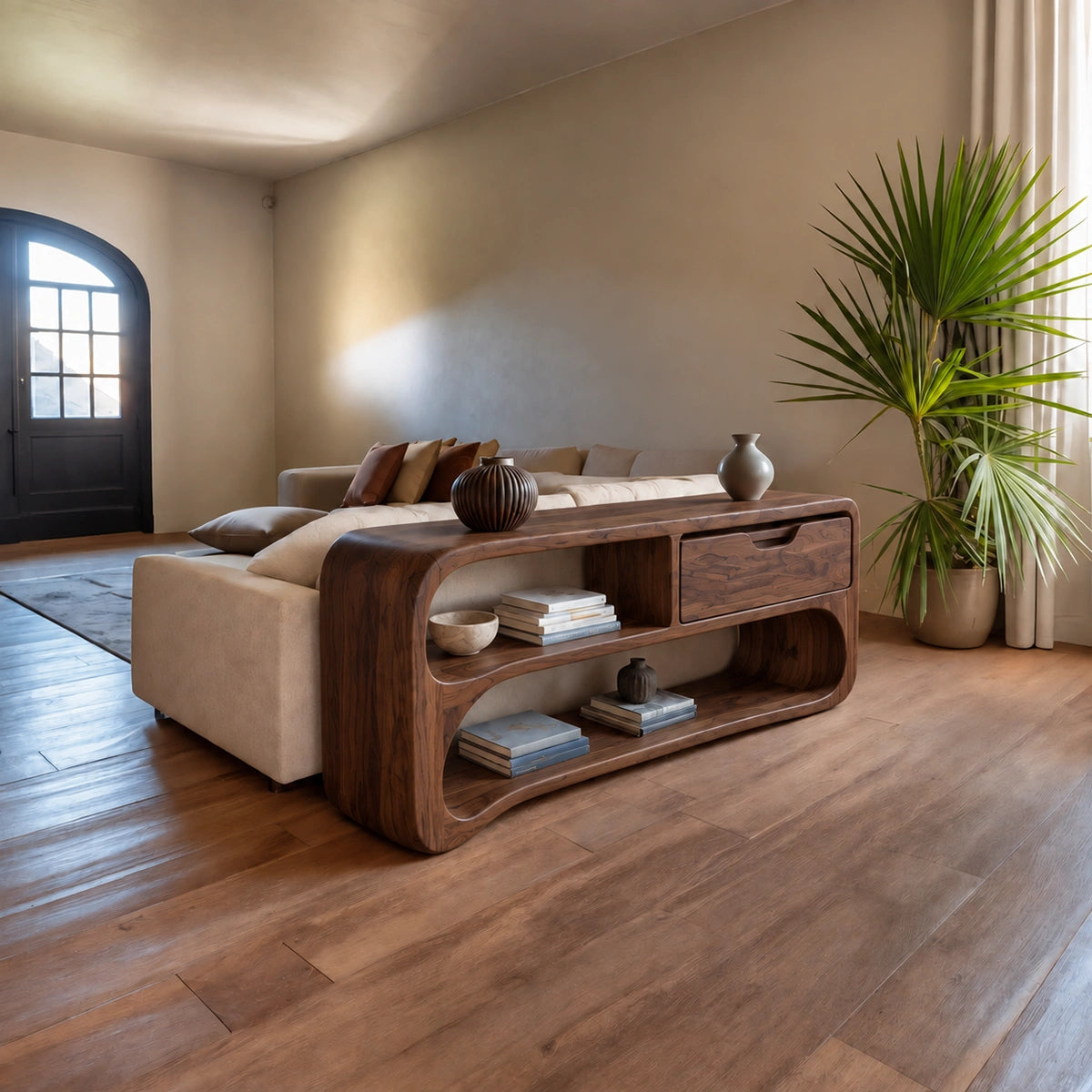 Console Table with Rounded Display Shelves and Single Drawer Storage - Rustiracraft