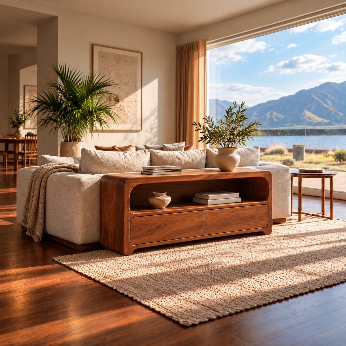 Console Table with Rounded Open Shelf and Dual Drawer Storage in Wood - Rustiracraft