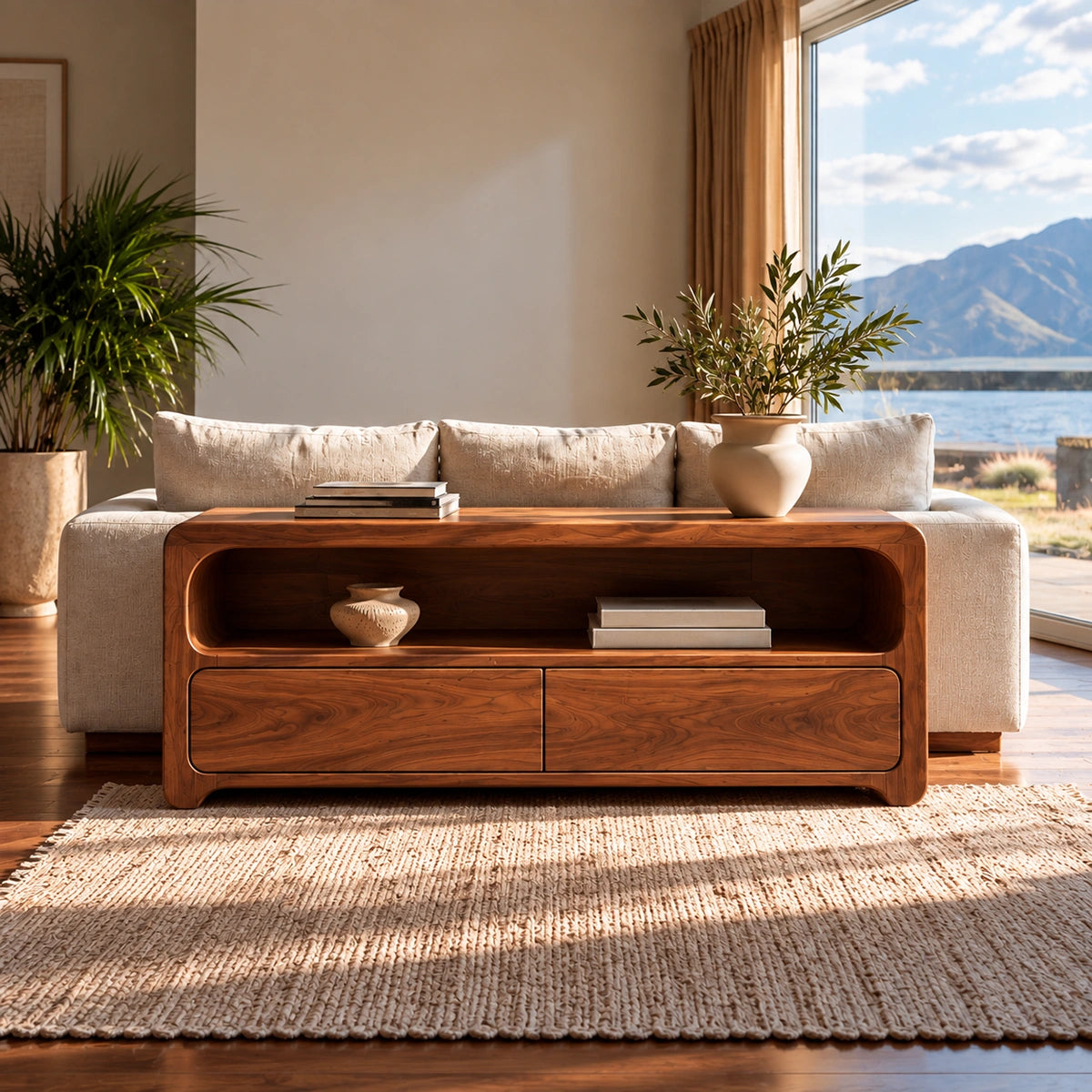 Console Table with Rounded Open Shelf and Dual Drawer Storage in Wood - Rustiracraft