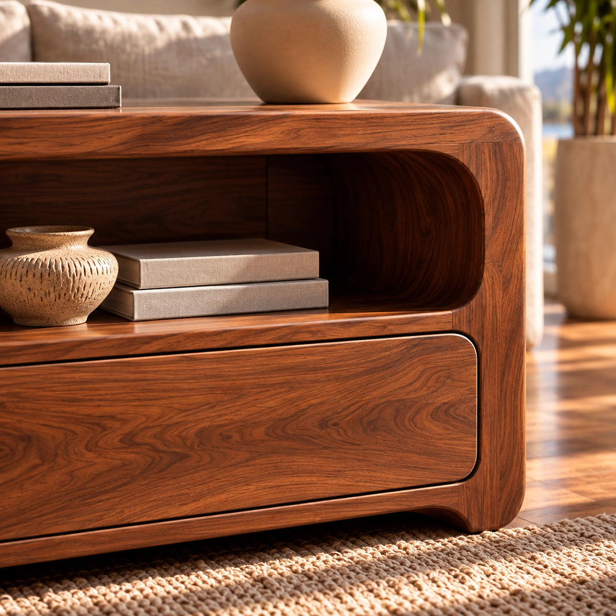 Console Table with Rounded Open Shelf and Dual Drawer Storage in Wood - Rustiracraft