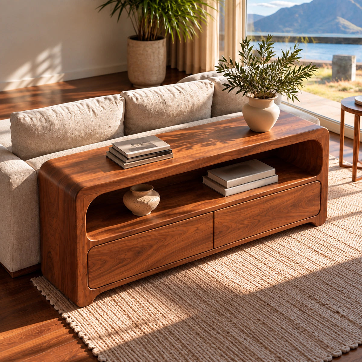 Console Table with Rounded Open Shelf and Dual Drawer Storage in Wood - Rustiracraft