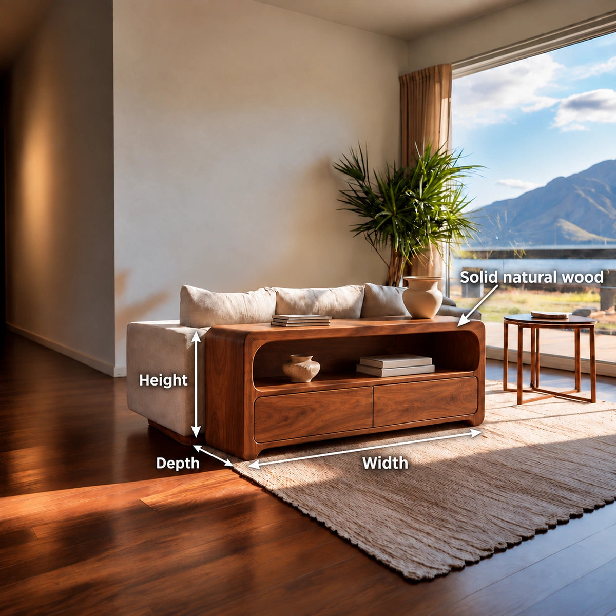 Console Table with Rounded Open Shelf and Dual Drawer Storage in Wood - Rustiracraft