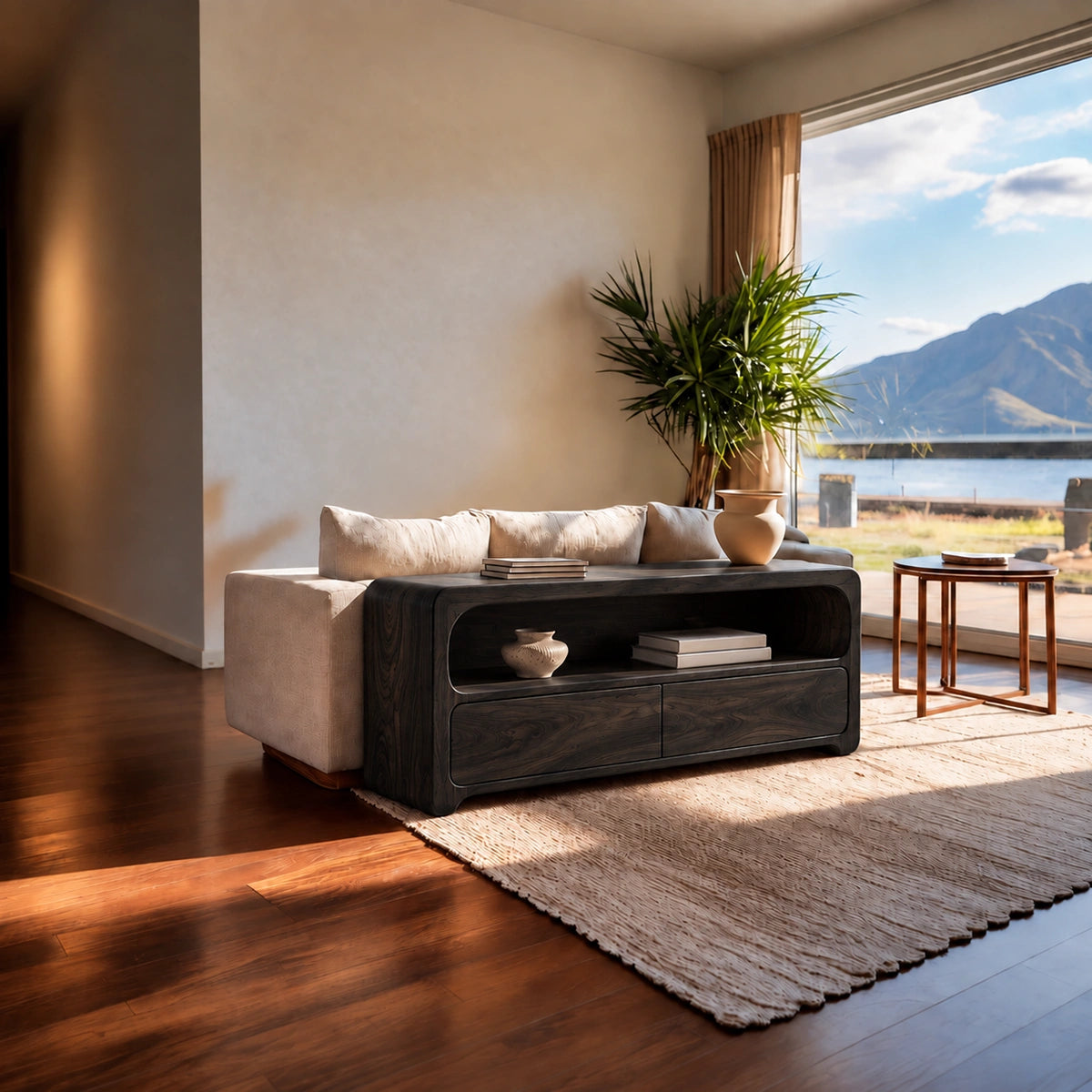 Console Table with Rounded Open Shelf and Dual Drawer Storage in Wood - Rustiracraft