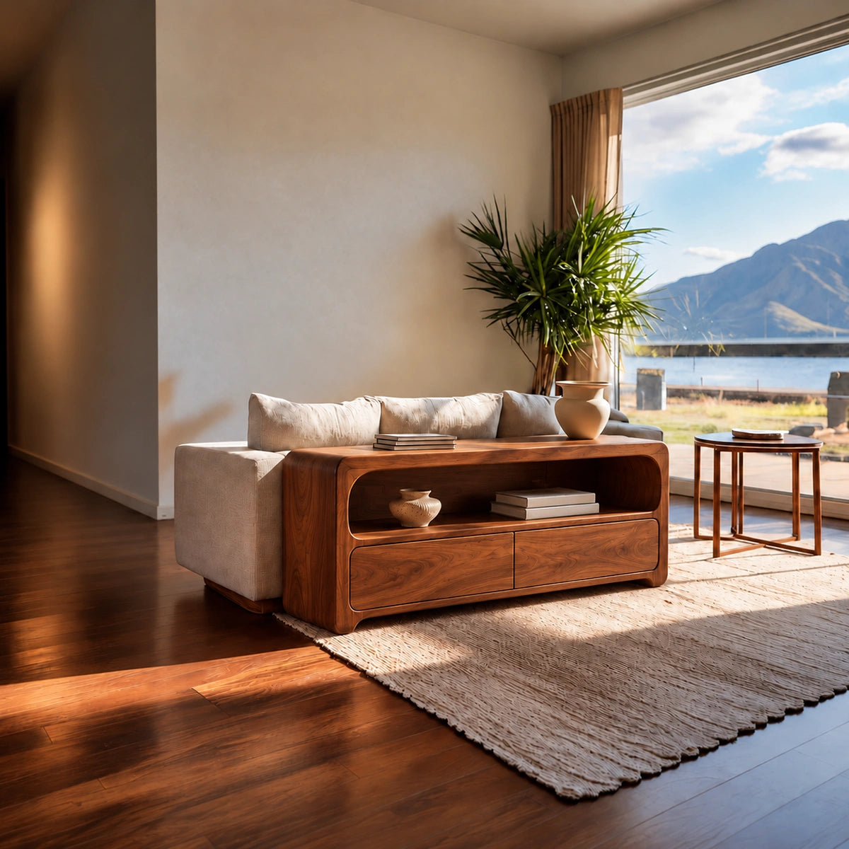 Console Table with Rounded Open Shelf and Dual Drawer Storage in Wood - Rustiracraft