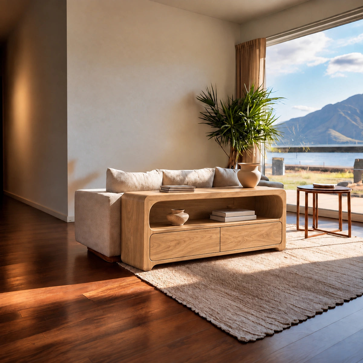 Console Table with Rounded Open Shelf and Dual Drawer Storage in Wood - Rustiracraft
