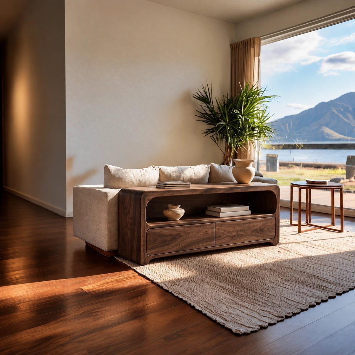Console Table with Rounded Open Shelf and Dual Drawer Storage in Wood - Rustiracraft