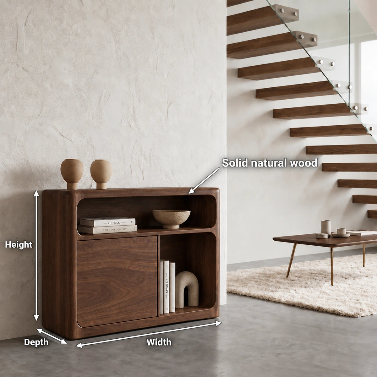 Console Table with Rounded Storage Cabinet in Natural Solid Woods - Rustiracraft