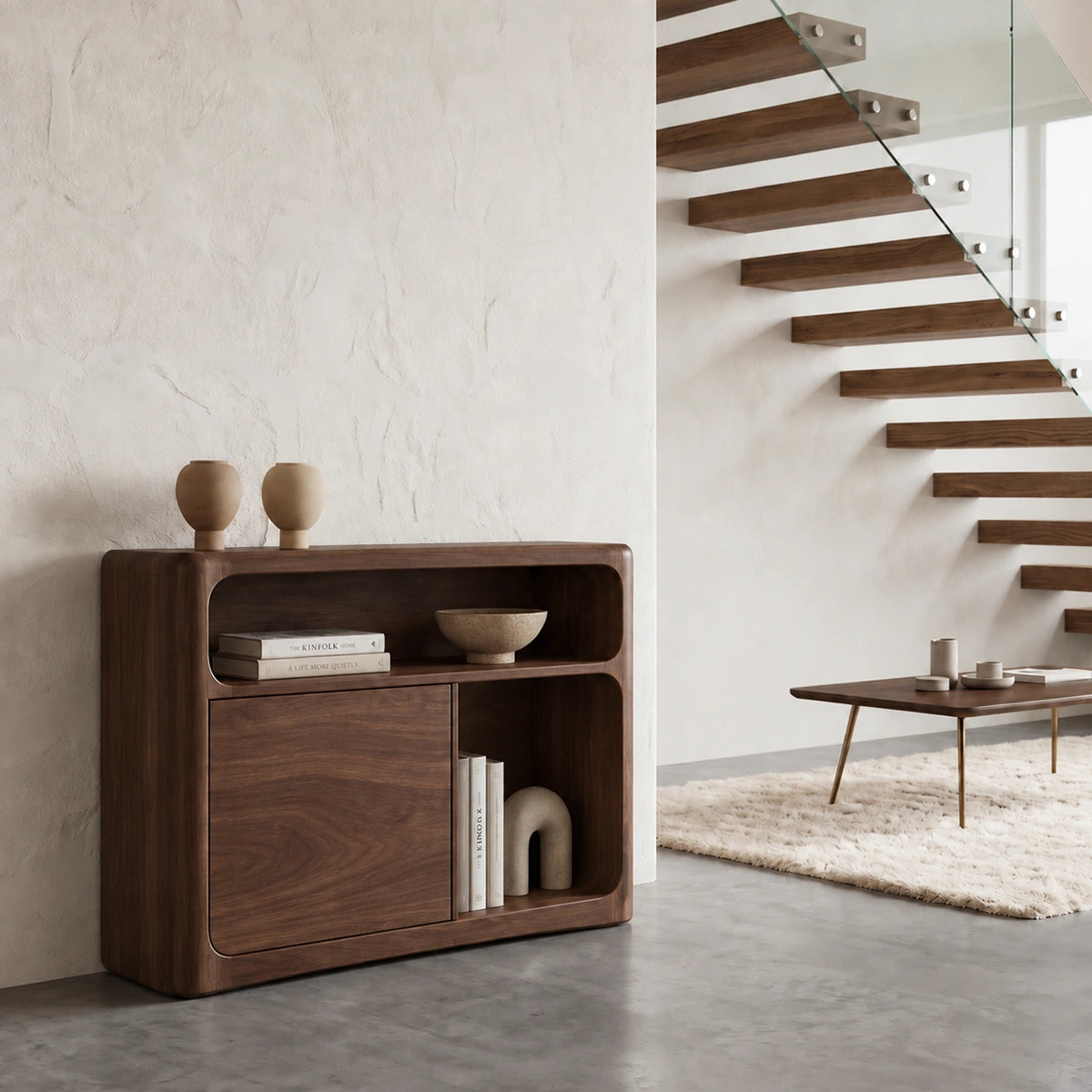 Console Table with Rounded Storage Cabinet in Natural Solid Woods - Rustiracraft