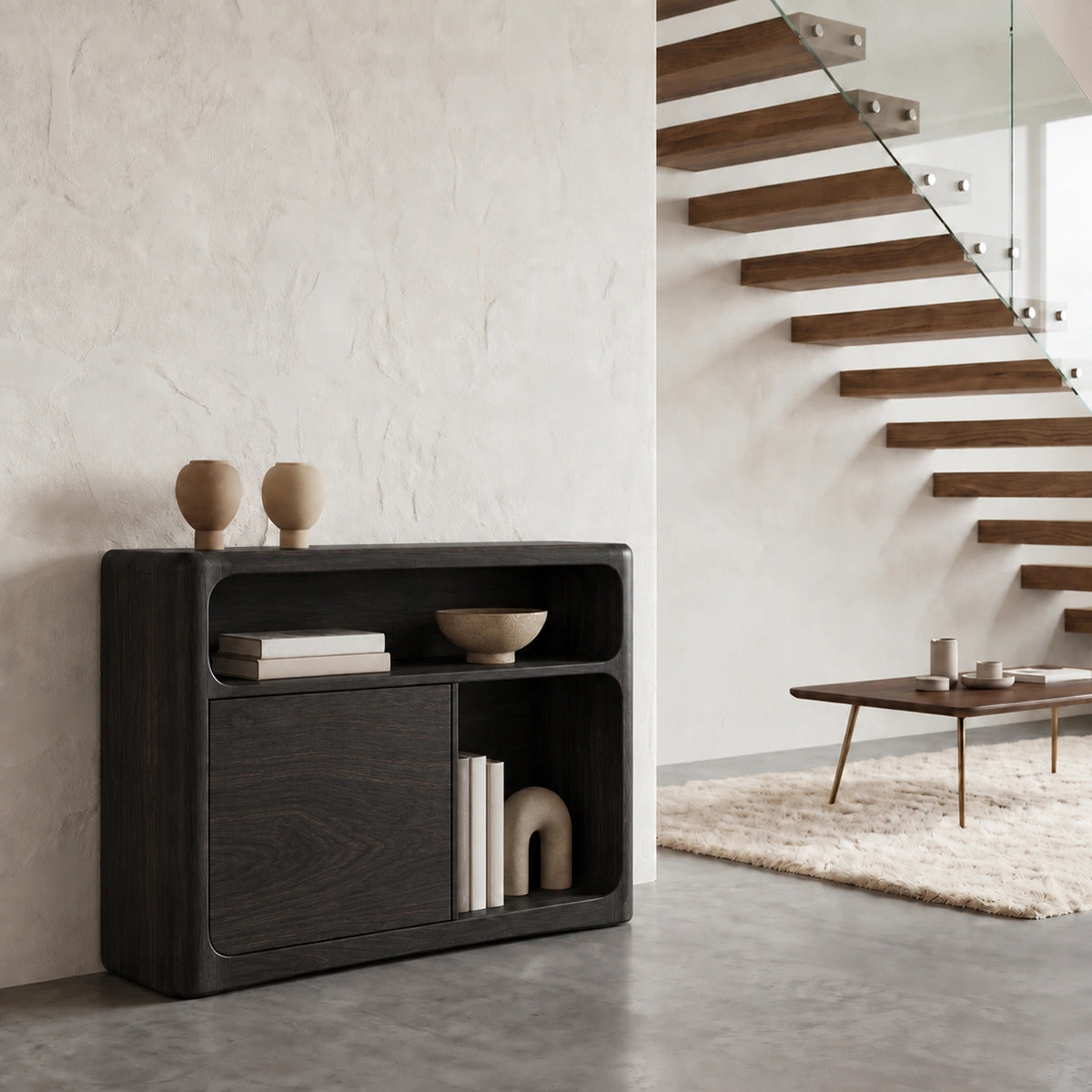 Console Table with Rounded Storage Cabinet in Natural Solid Woods - Rustiracraft